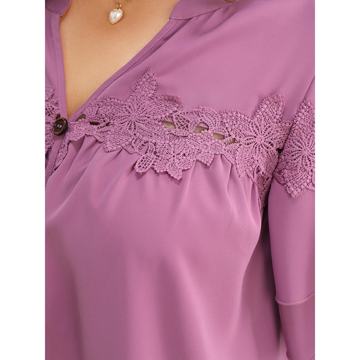 Plus Size Mauve Floral Patchwork Button Detail Ruffle Tiered Sleeve Blouse Women Elegant Short sleeve V-neck Dailywear Blouses BloomChic 10/M Product Image