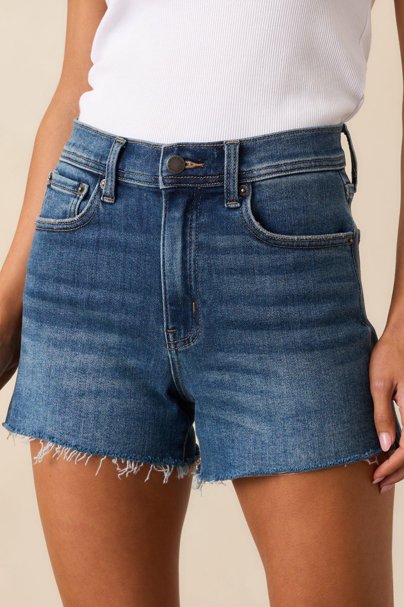 Just The Thing Dark Wash High Waisted Denim Shorts Product Image