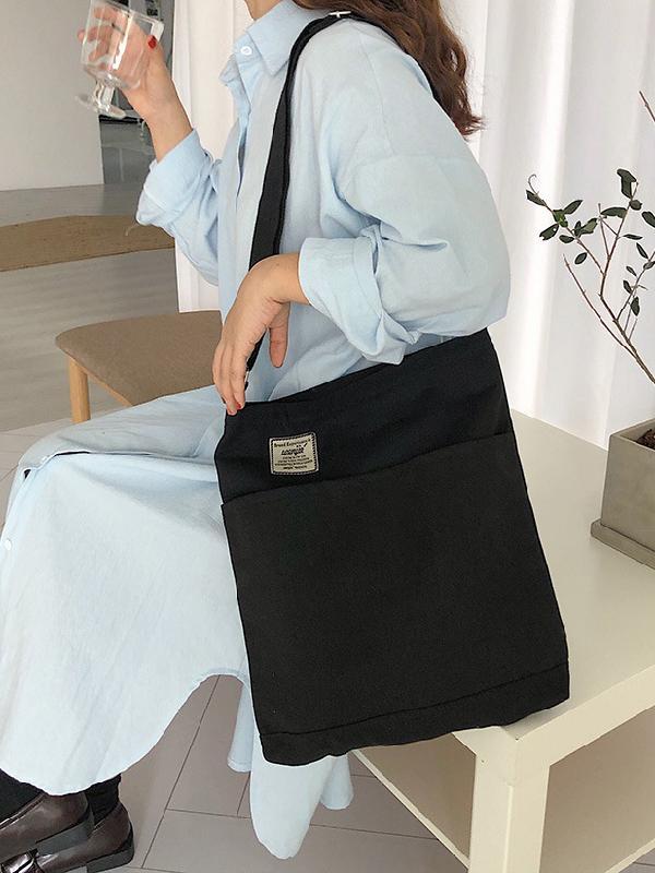 Simple Solid Color With-pockets Canvas Handbag Product Image