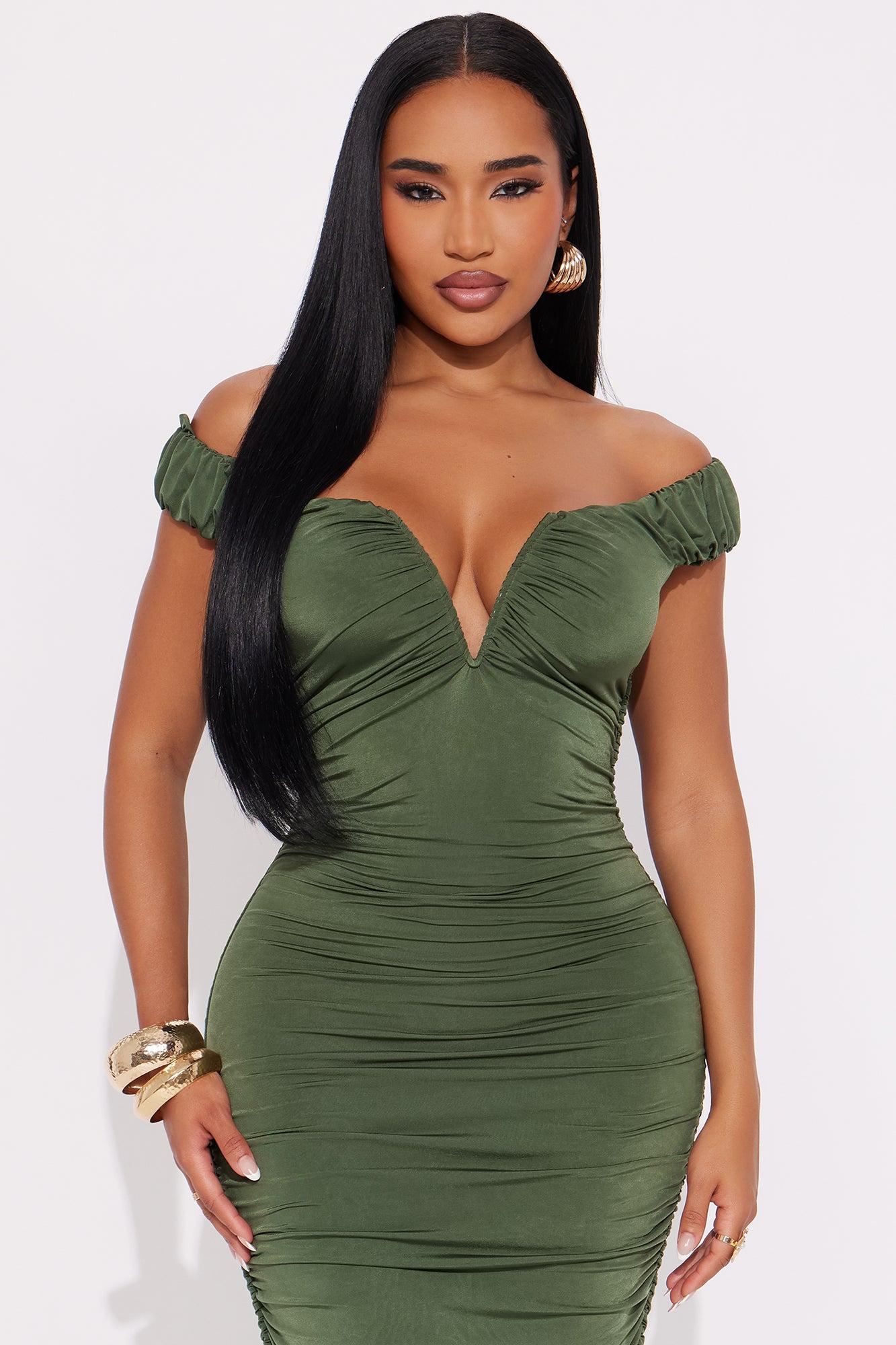 Claire Ruched Vneck Midi Dress - Olive Female Product Image