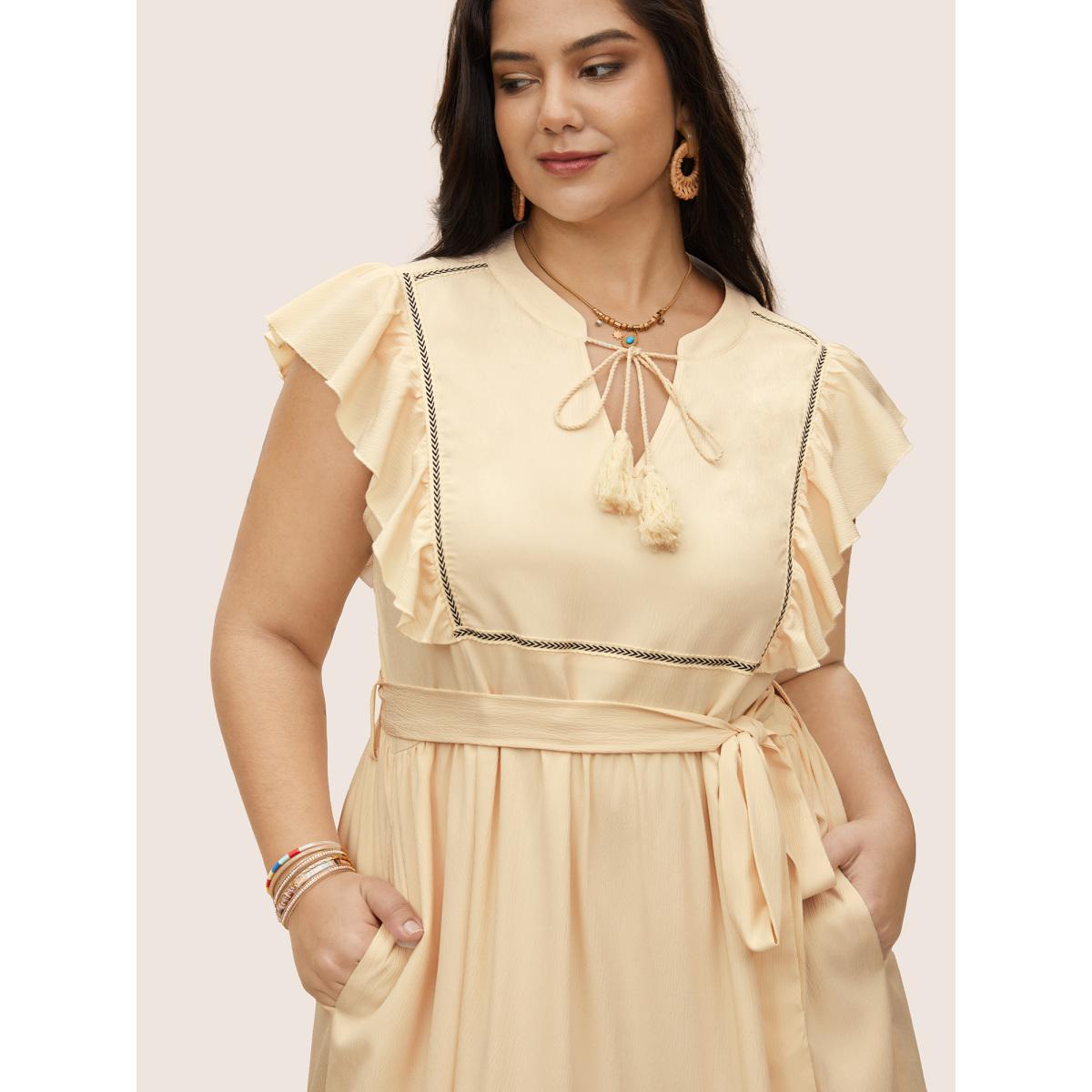 Plus Size Notch Ruffle Cap Sleeve Woven Ribbon Tassels Dress Apricot Women Resort Woven ribbon&lace trim Flat collar with V-notch Cap Sleeve Curvy Midi Dress BloomChic 22-24/3X Product Image