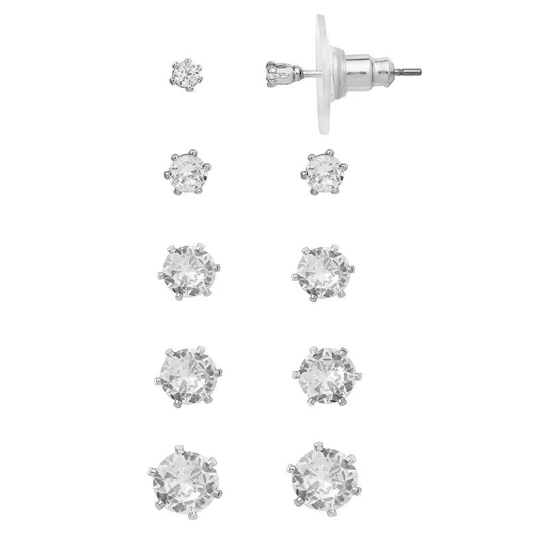LC Lauren Conrad Round Cubic Zirconia 5-Pair Stud Earring Set, Women's, Clear Product Image