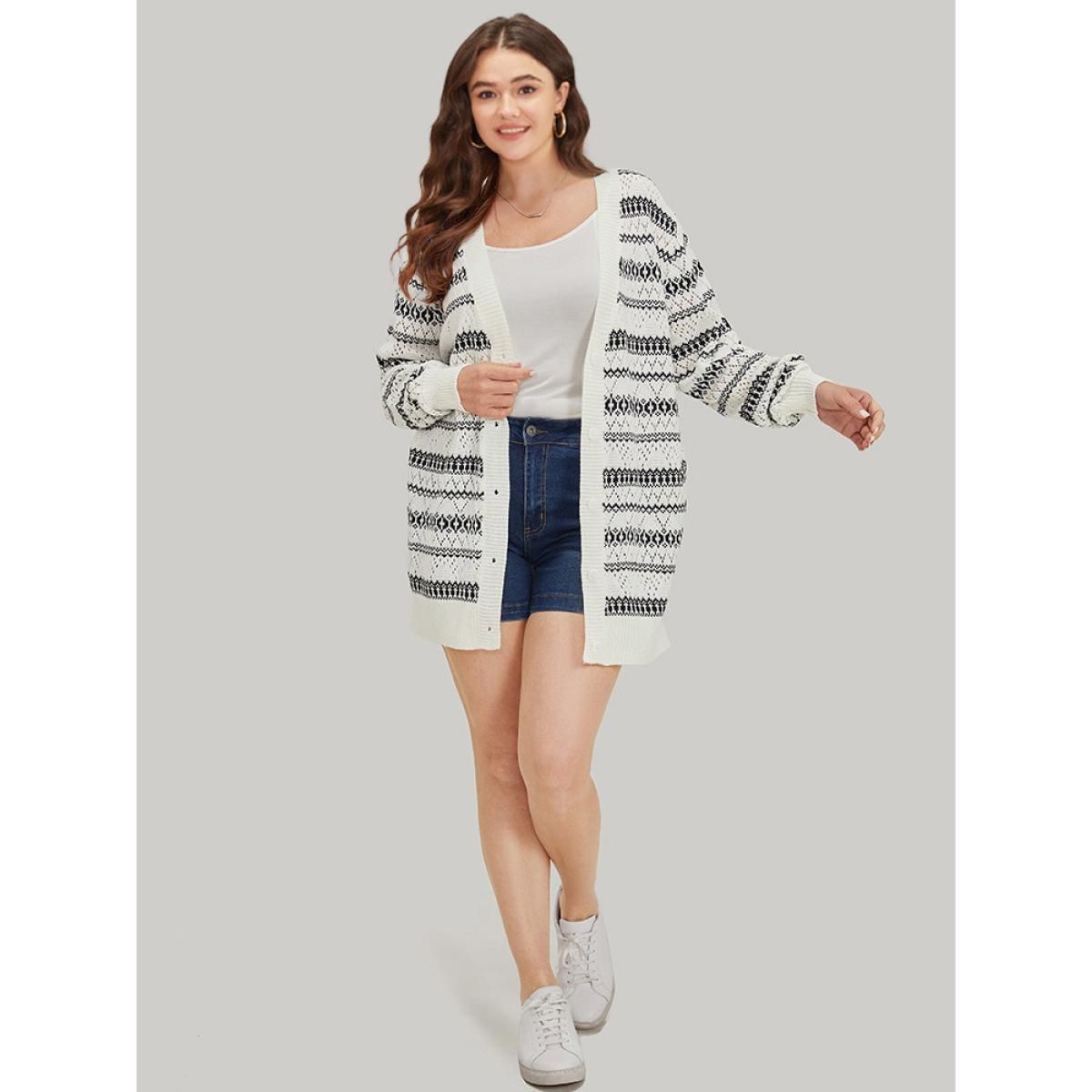 Plus Size Geometric Striped Button Through Patchwork Cardigan Ivory Women Casual Loose Long Sleeve Dailywear Cardigans BloomChic 22-24/3X Product Image
