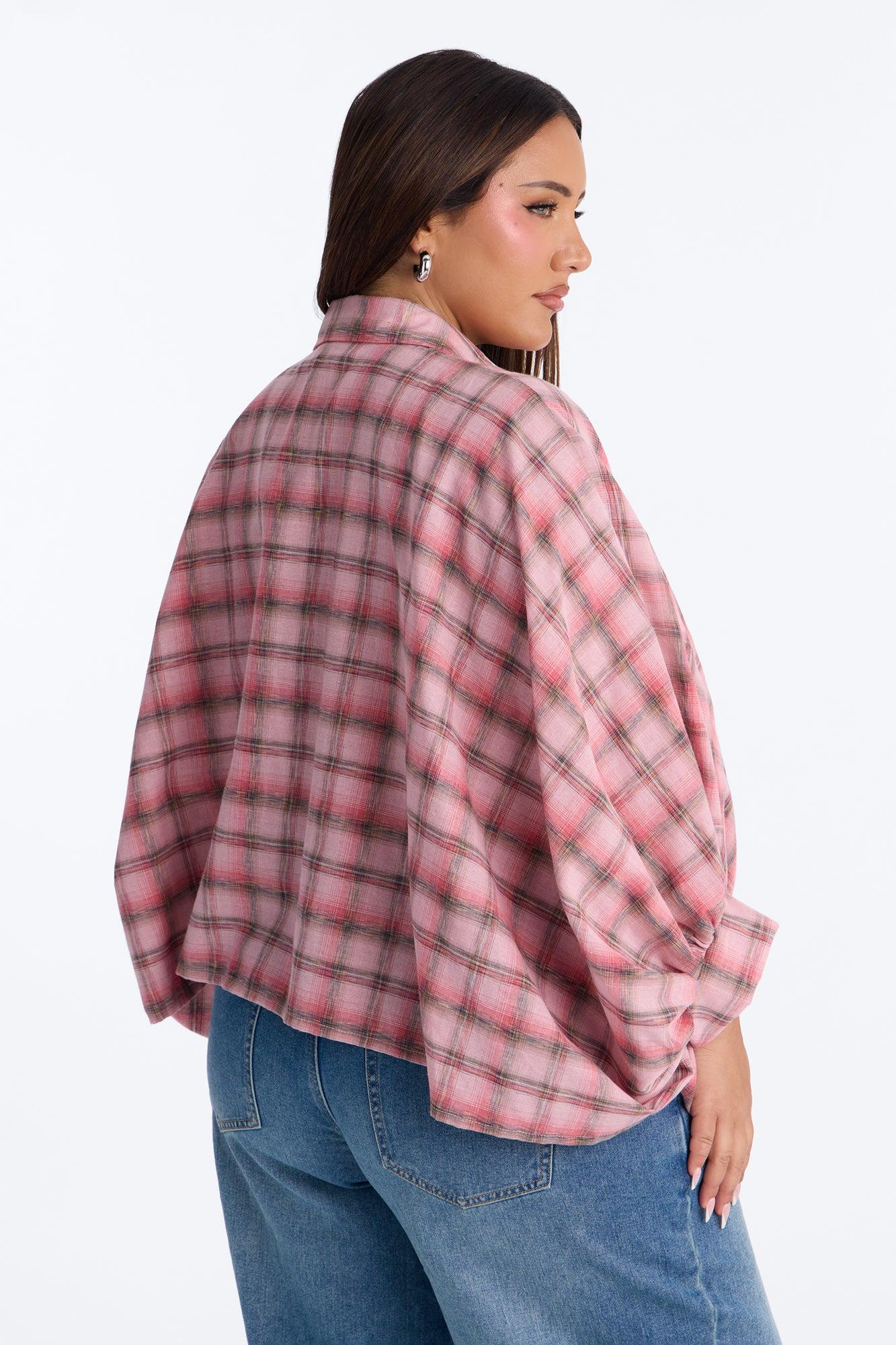 Kimora Tie Front Plaid Linen Shirt - Pink/combo Female Product Image