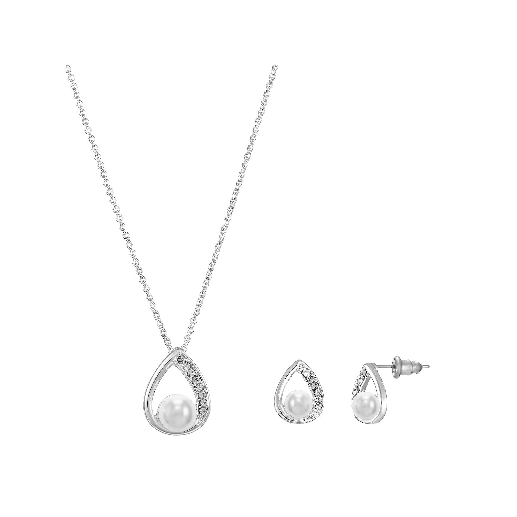 Silver Tone Cubic Zirconia & Simulated Pearl Pendant Necklace & Stud Earrings Set, Women's, Size: 18+3", Silver Tone White Product Image