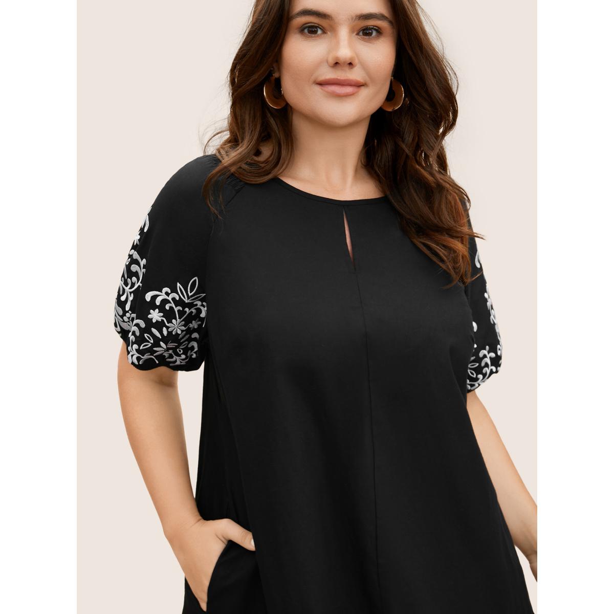 Plus Size Floral Embroidered Keyhole Lantern Sleeve Dress Black Women Casual Gathered Round Neck Half Sleeve Curvy BloomChic 12/L Product Image