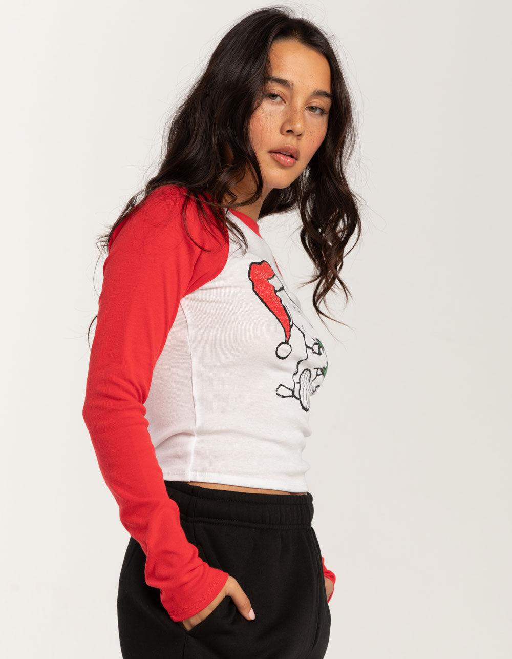 RSQ x Peanuts Holiday Womens Snoopy Long Sleeve Raglan Tee - RED Product Image