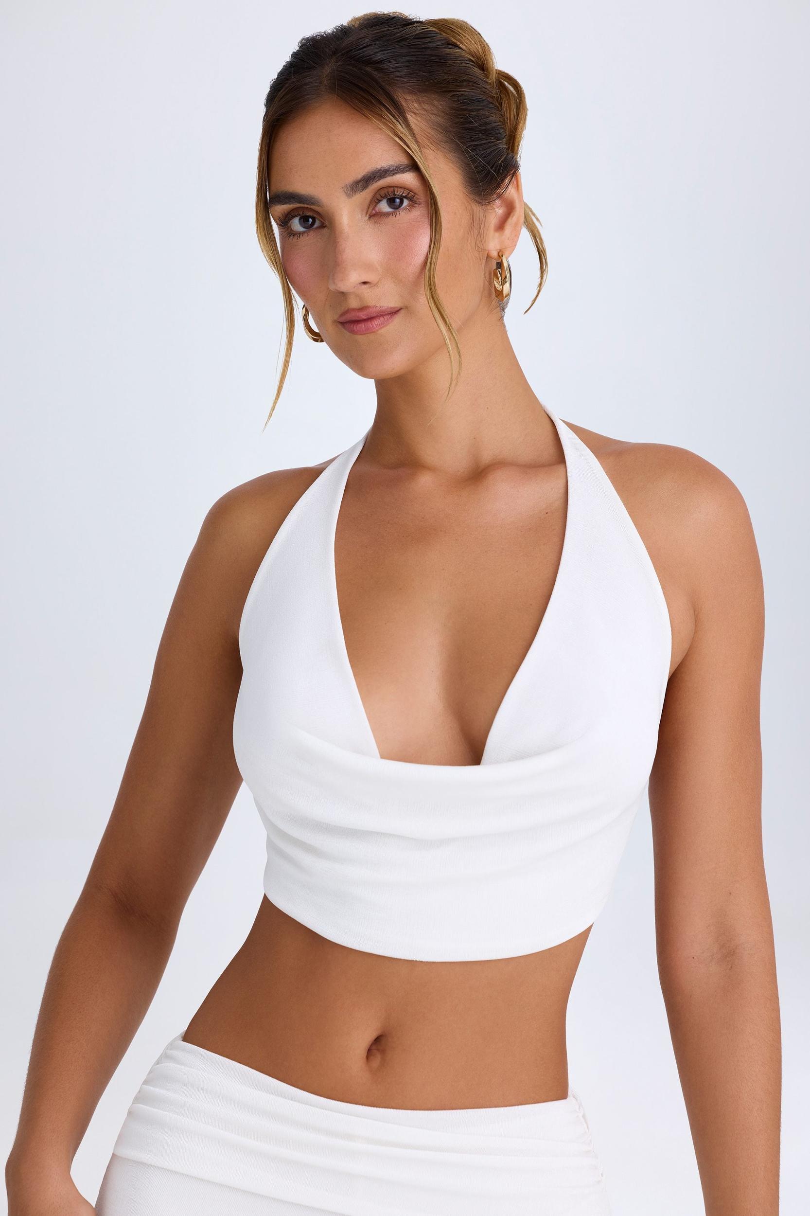 Cowl-Front Halterneck Crop Top in White Product Image