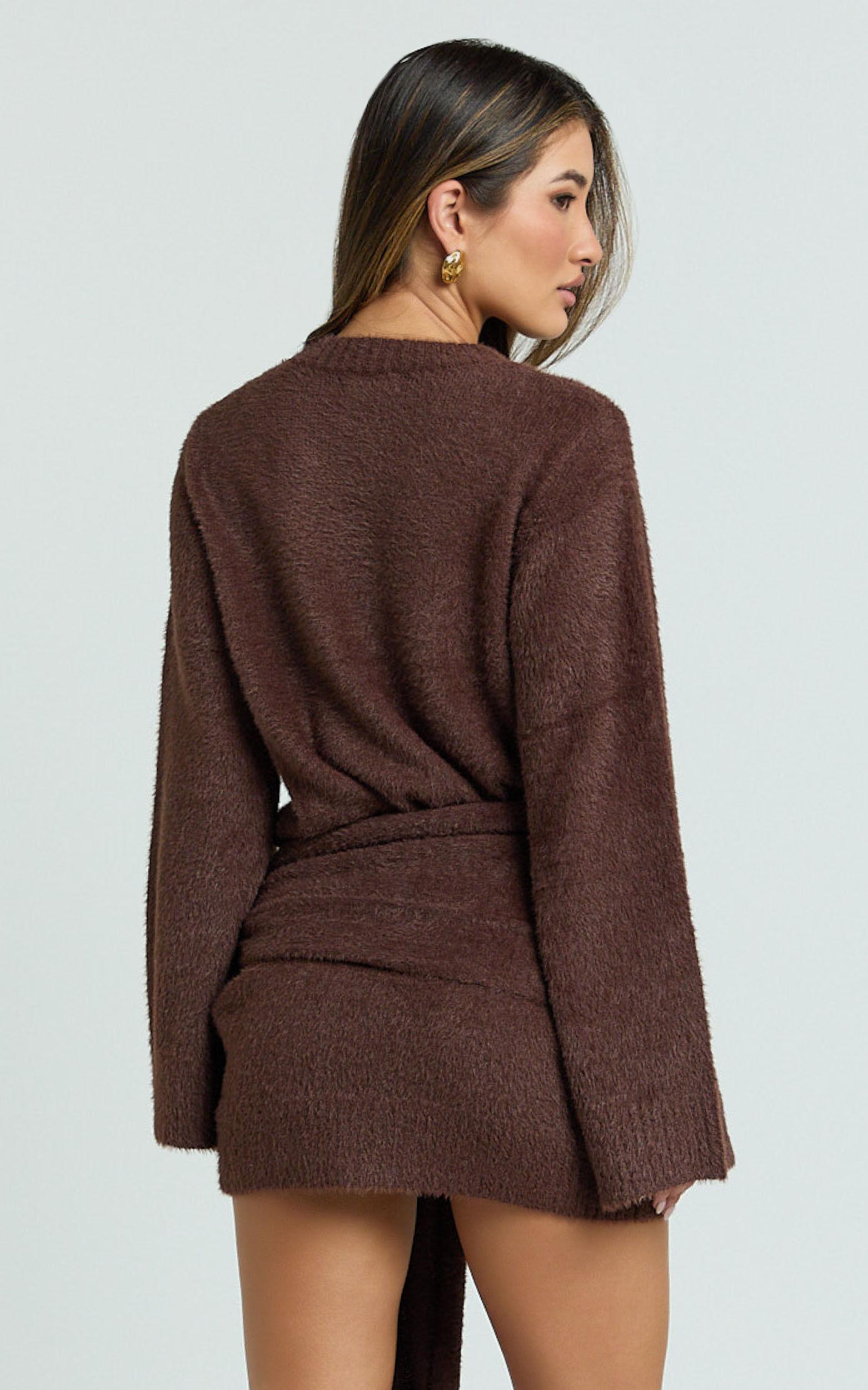 Tisdale Mini Dress - Wrap Skirt Fluffy Knit Jumper Dress in Chocolate Product Image