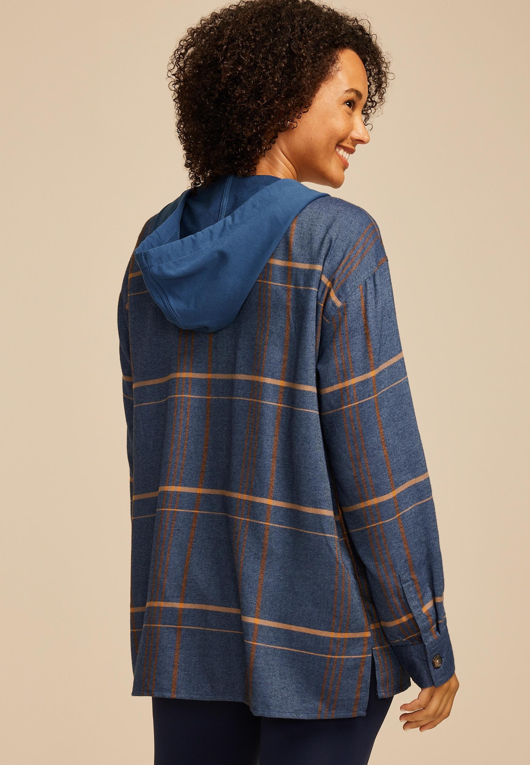 Plaid Hooded Boyfriend Button Down Shirt Product Image