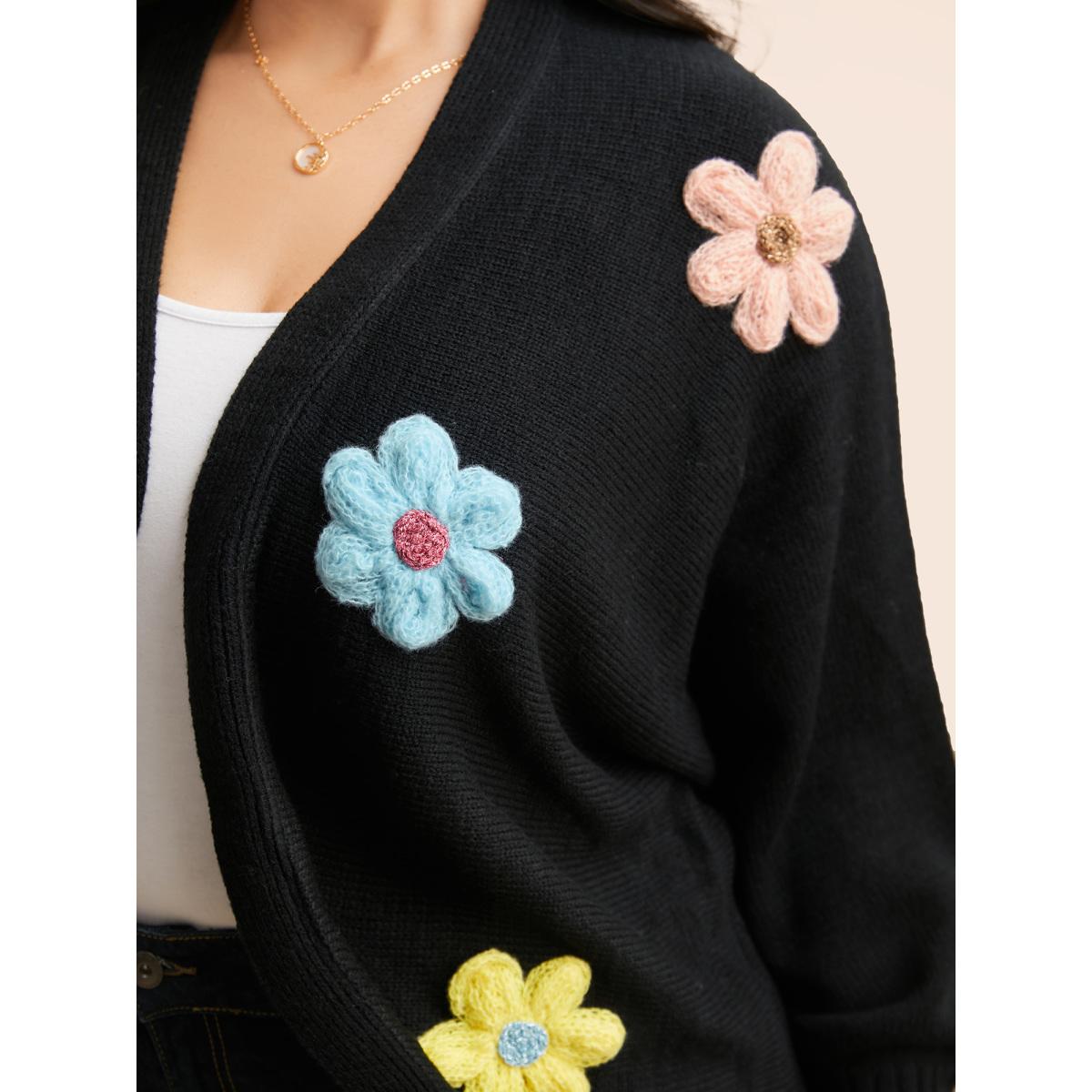 Plus Size Stereo Flower Design Drop Shoulder Cardigan Black Women Casual Loose Long Sleeve Everyday Cardigans BloomChic 30/6X Product Image