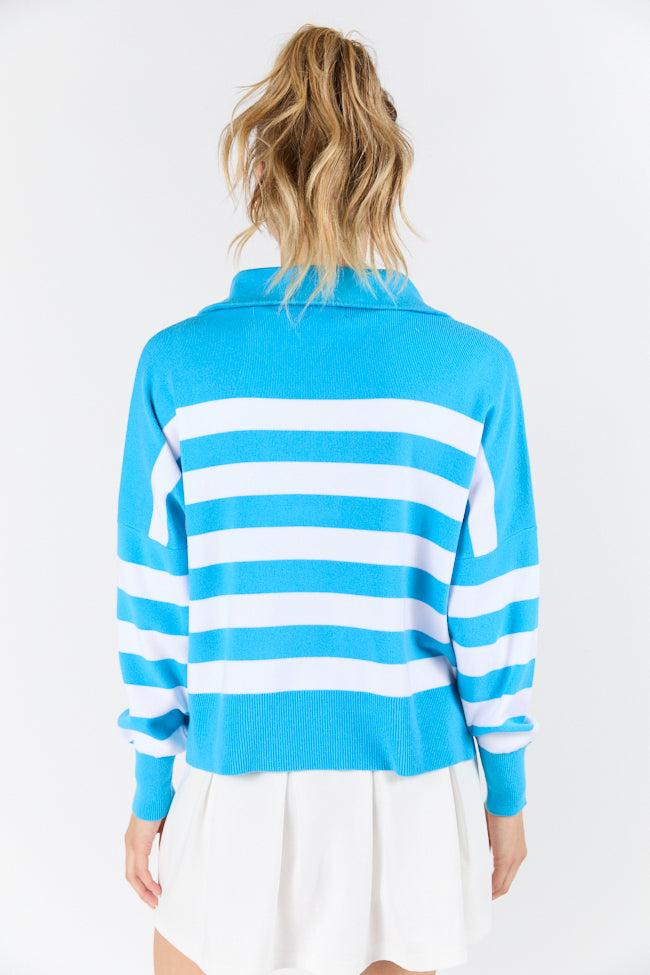 Pulling Heartstrings Hip Length Aqua Stripe Quarter Zip Pullover FINAL SALE Product Image