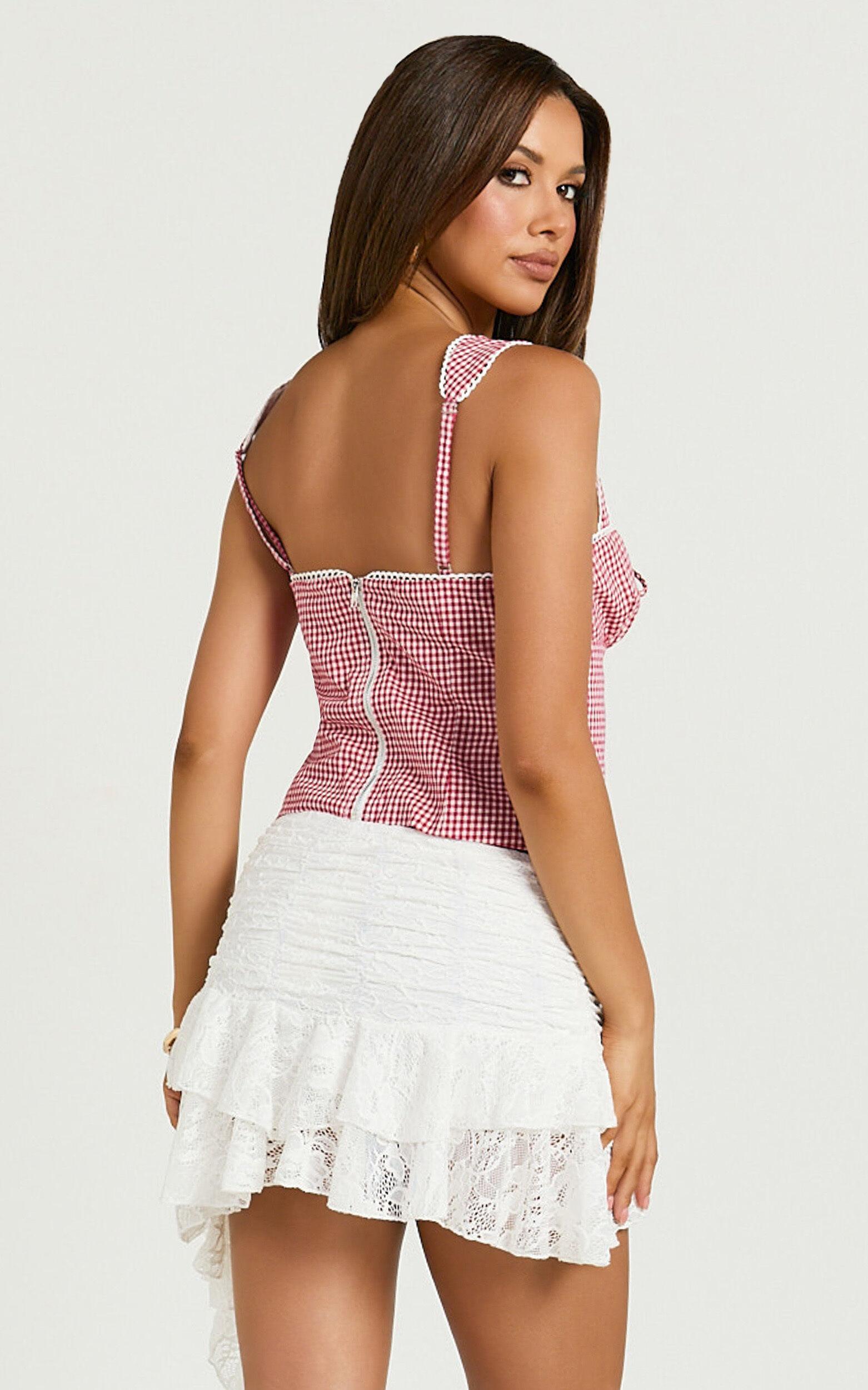 Alize Top - Lace Front Gingham Sweetheart Neckline Top in Red/White Product Image