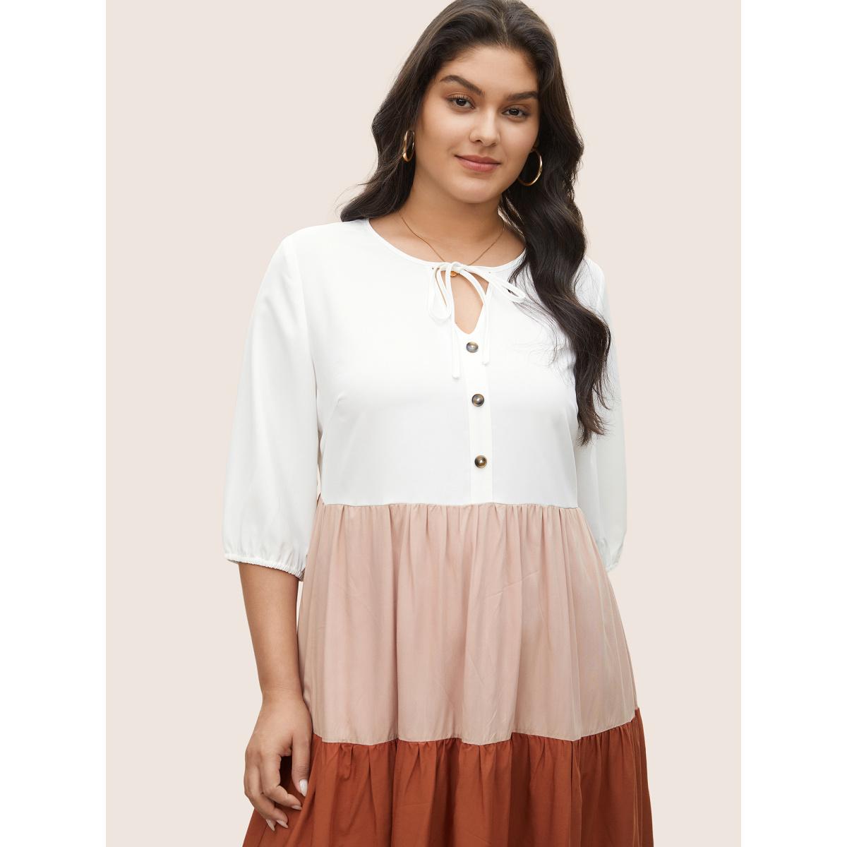 Plus Size Colorblock Contrast Patchwork Tie Neck Dress Multicolor Women Casual Non V-neck Elbow-length sleeve Curvy Midi Dress BloomChic 10/M Product Image