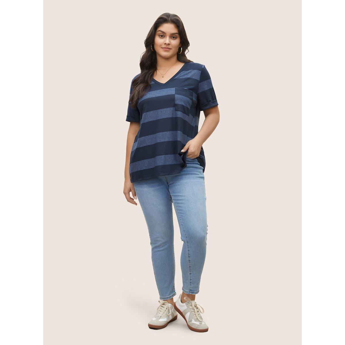 Plus Size V Neck Striped Patched Pocket T-shirt Indigo Women Casual Non Striped V-neck Everyday T-shirts BloomChic 26/4X Product Image