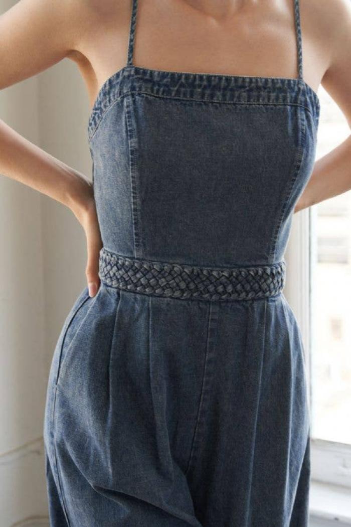 Denim Acid Washed Wide Leg Jumpsuit Product Image