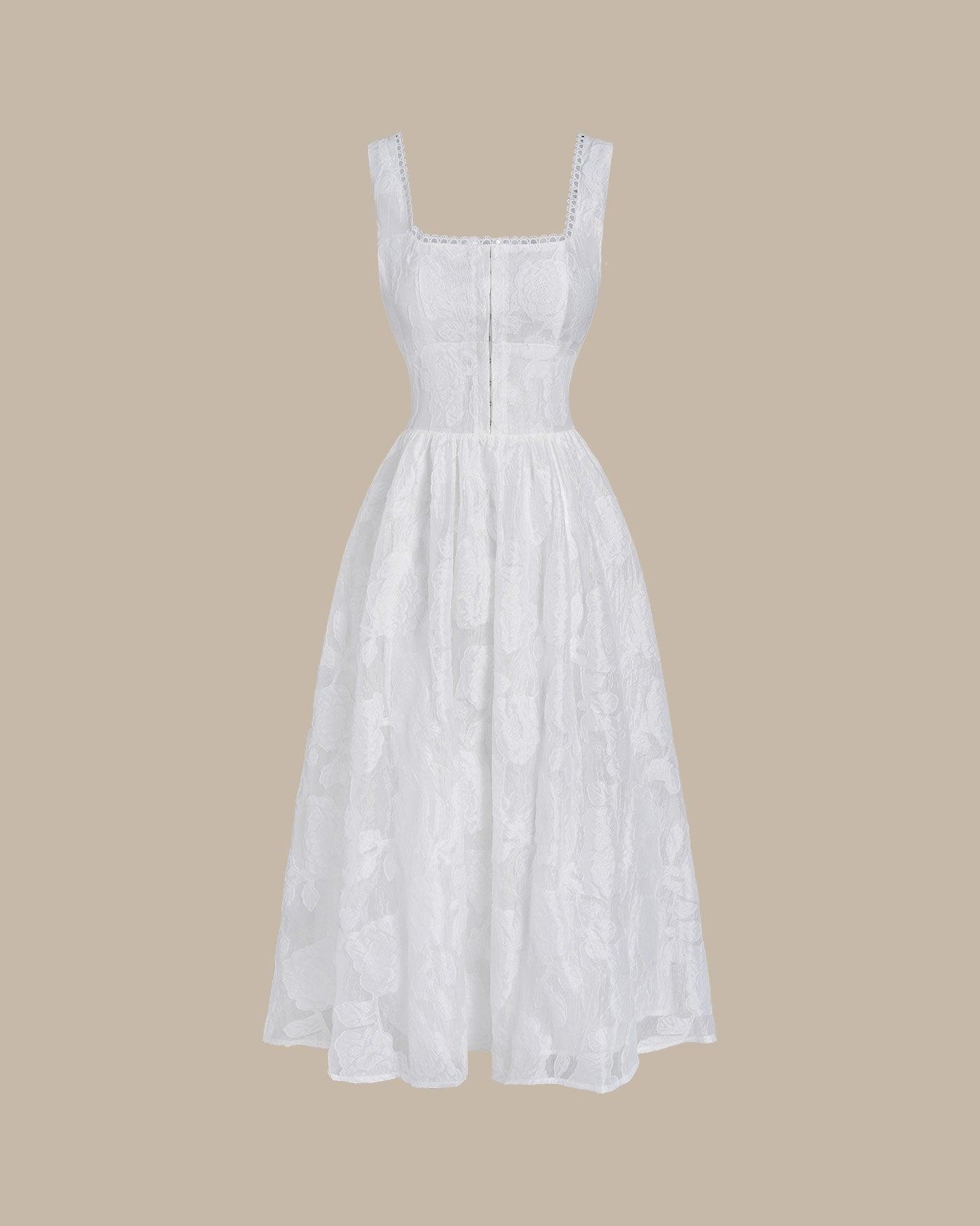 White Jacquard Shirred Slip Midi Dress Product Image