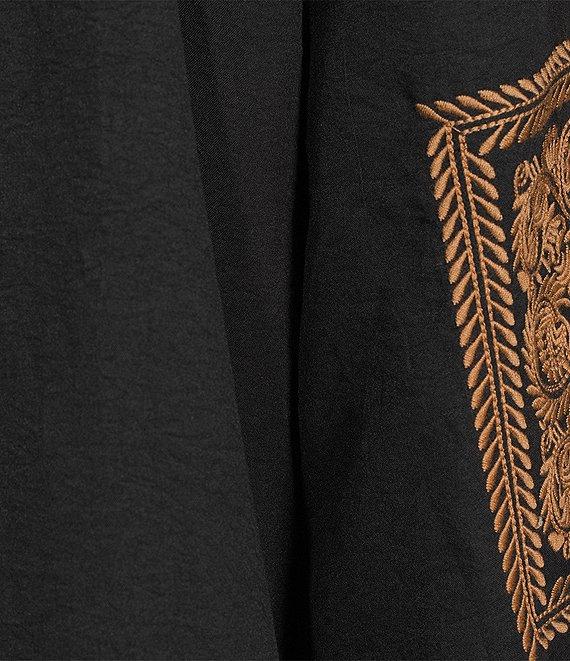 Calessa Petite Size Crinkle Textured Foulard Embroidered Split V-Neck 3/4 Sleeve Tunic Product Image