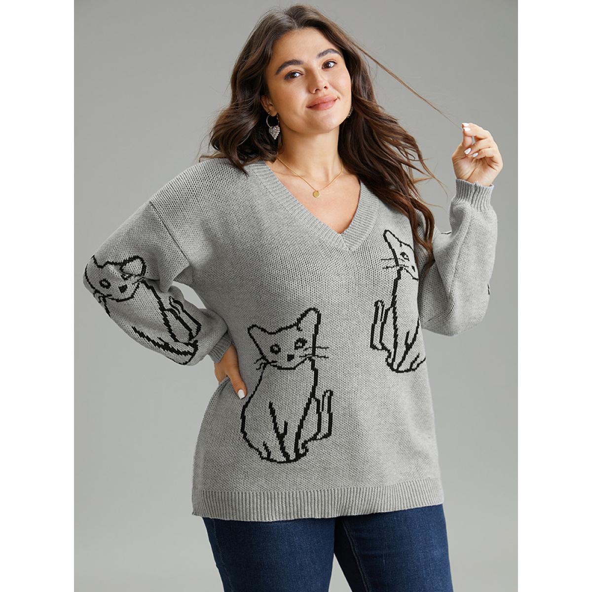 Plus Size Supersoft Essentials Cat Print V Neck Pullover DarkGray Women Casual Long Sleeve V-neck Dailywear Pullovers BloomChic 26/4X Product Image
