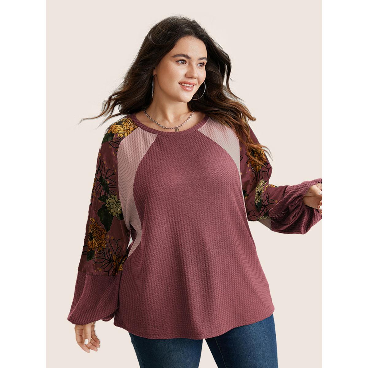 Plus Size Waffle Knit Patchwork Floral Print T-shirt DustyPink Women Casual Velvet Floral Round Neck Everyday T-shirts BloomChic 10/M Product Image