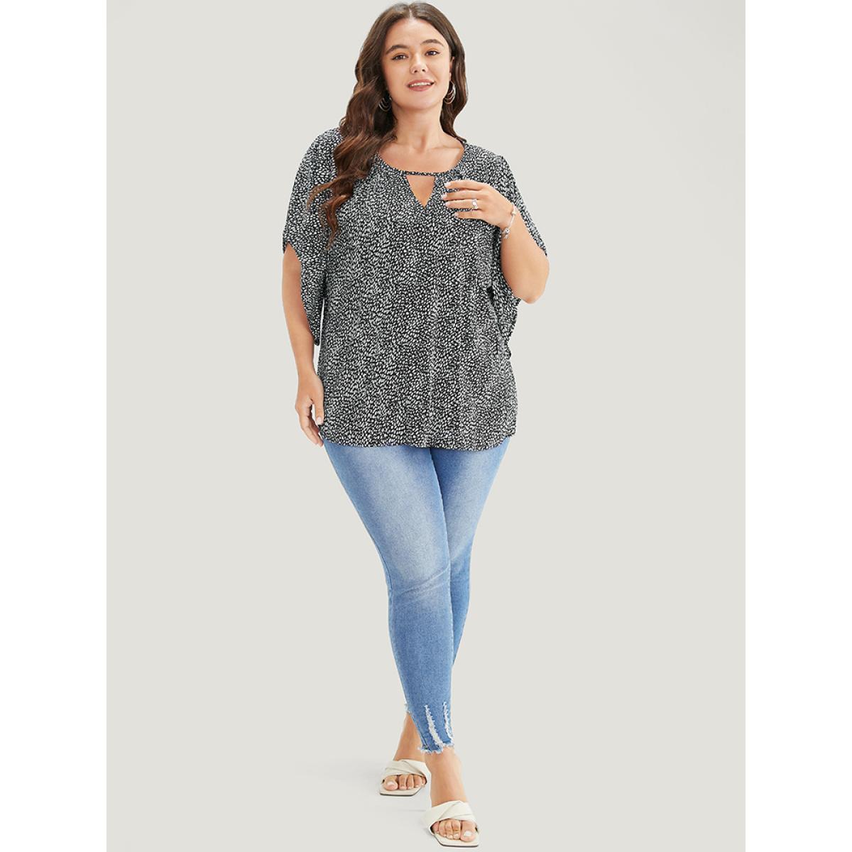 Plus Size Black Polka Dot Ruffle Sleeve Keyhole Neck Blouse Women Elegant Short sleeve Round Neck Dailywear Blouses BloomChic 26/4X Product Image