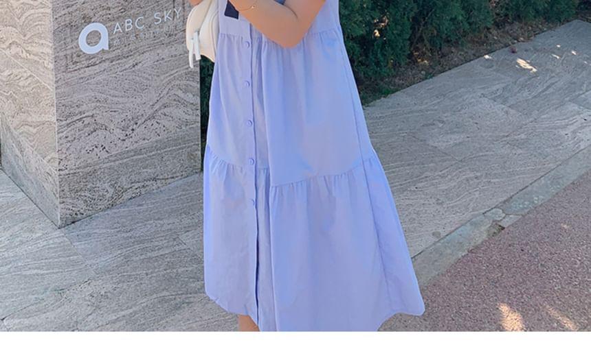 Maternity Short-Sleeve Collared Bow Tie A-Line Shirt Dress Product Image