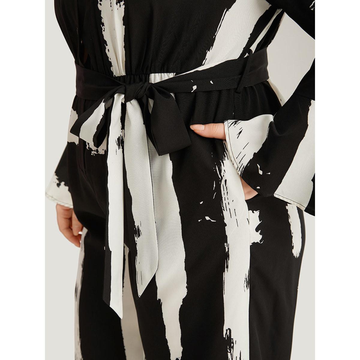 Plus Size BlackFlower Brush Print Button Up Belted Bell Sleeve Jumpsuit Women Office Long Sleeve Shirt collar Office Loose Jumpsuits BloomChic 26/4X Product Image