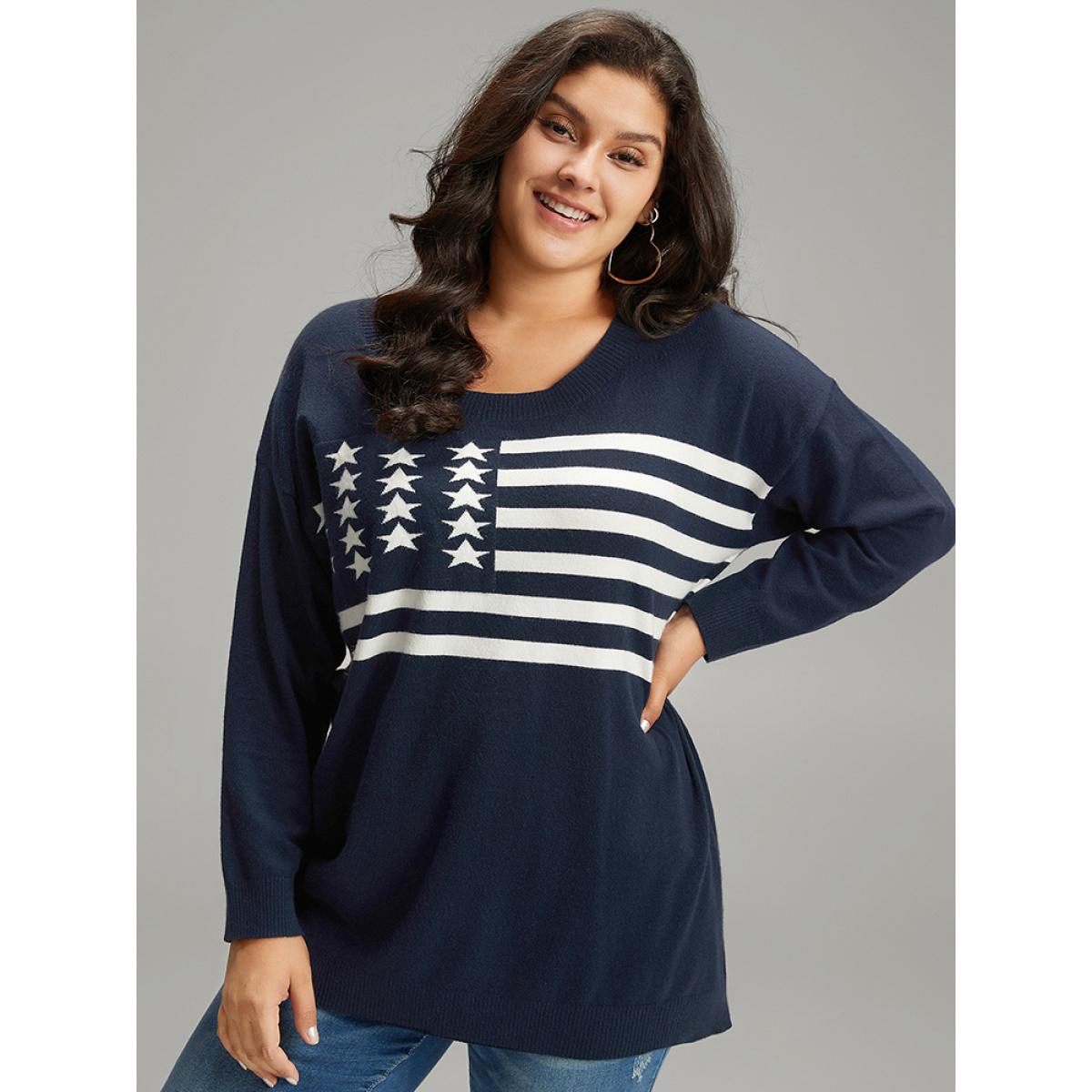 Plus Size Supersoft Essentials Flag Print Loose Pullover Midnight Women Casual Loose Long Sleeve Round Neck Everyday Pullovers BloomChic 14-16/1X Product Image