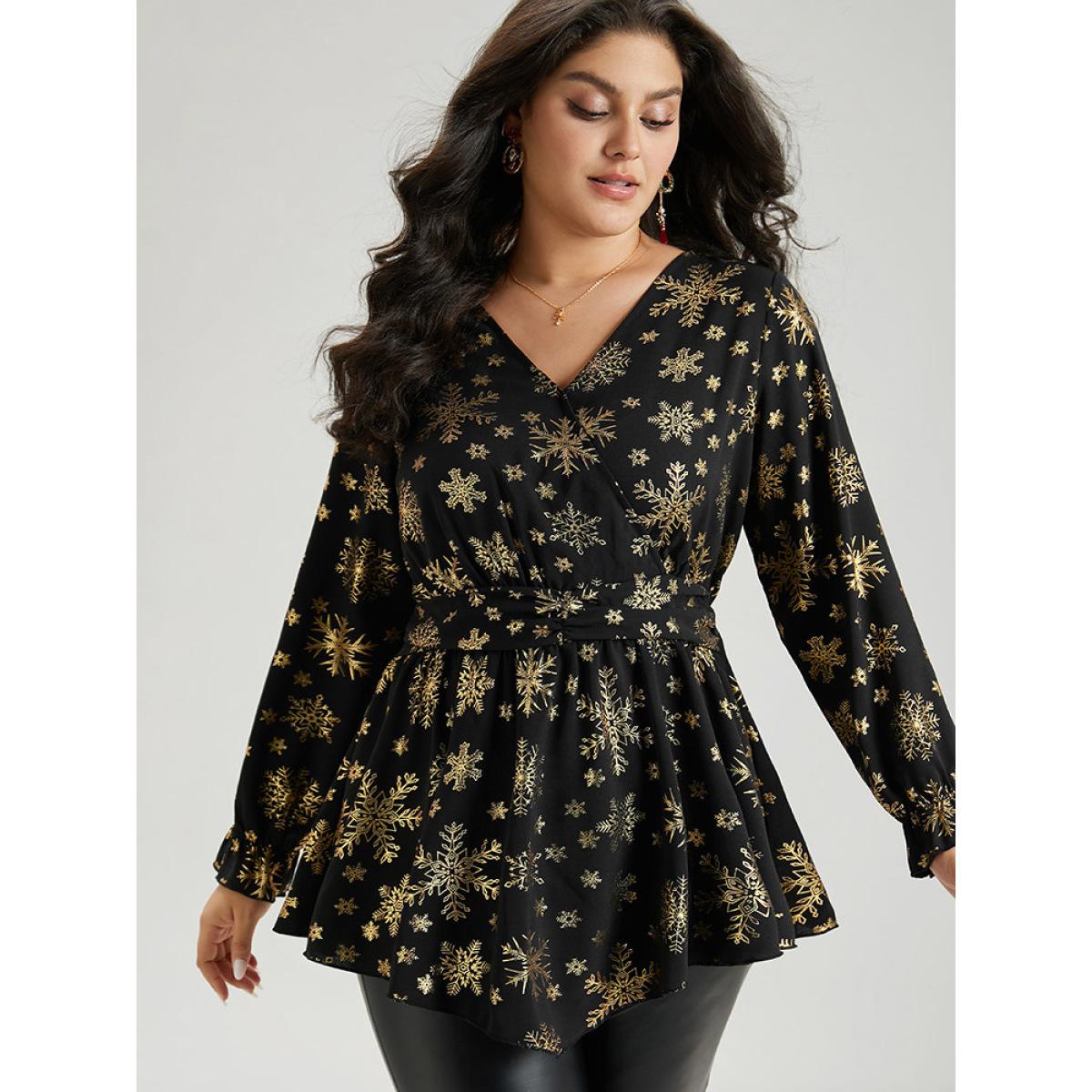 Plus Size Black Glitter Snowflake Elastic Waist Ruched Wrap Blouse Women Cocktail Long Sleeve Overlap Collar Party Blouses BloomChic 14-16/1X Product Image