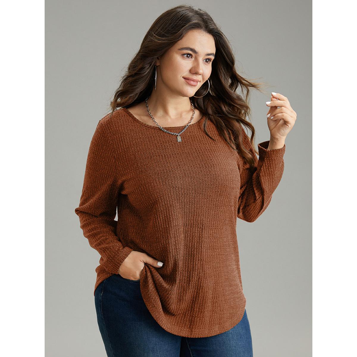Plus Size Rib Knit Solid Crew Neck Button Detail T-shirt Bronze Women Casual Texture Plain Round Neck Dailywear T-shirts BloomChic 26/4X Product Image