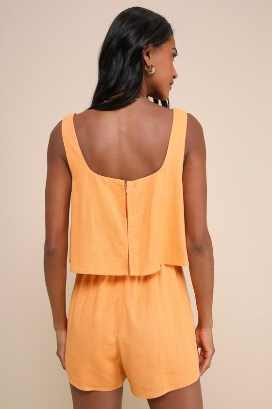 Effortless Escape Light Orange Linen Sleeveless Flounce Romper Product Image