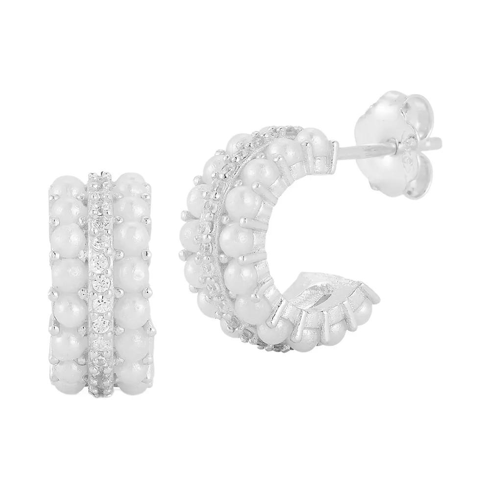 Sunkissed Sterling Sterling Silver Cubic Zirconia & Freshwater Cultured Pearl Huggie Earrings, Women's, Silver Tone Product Image