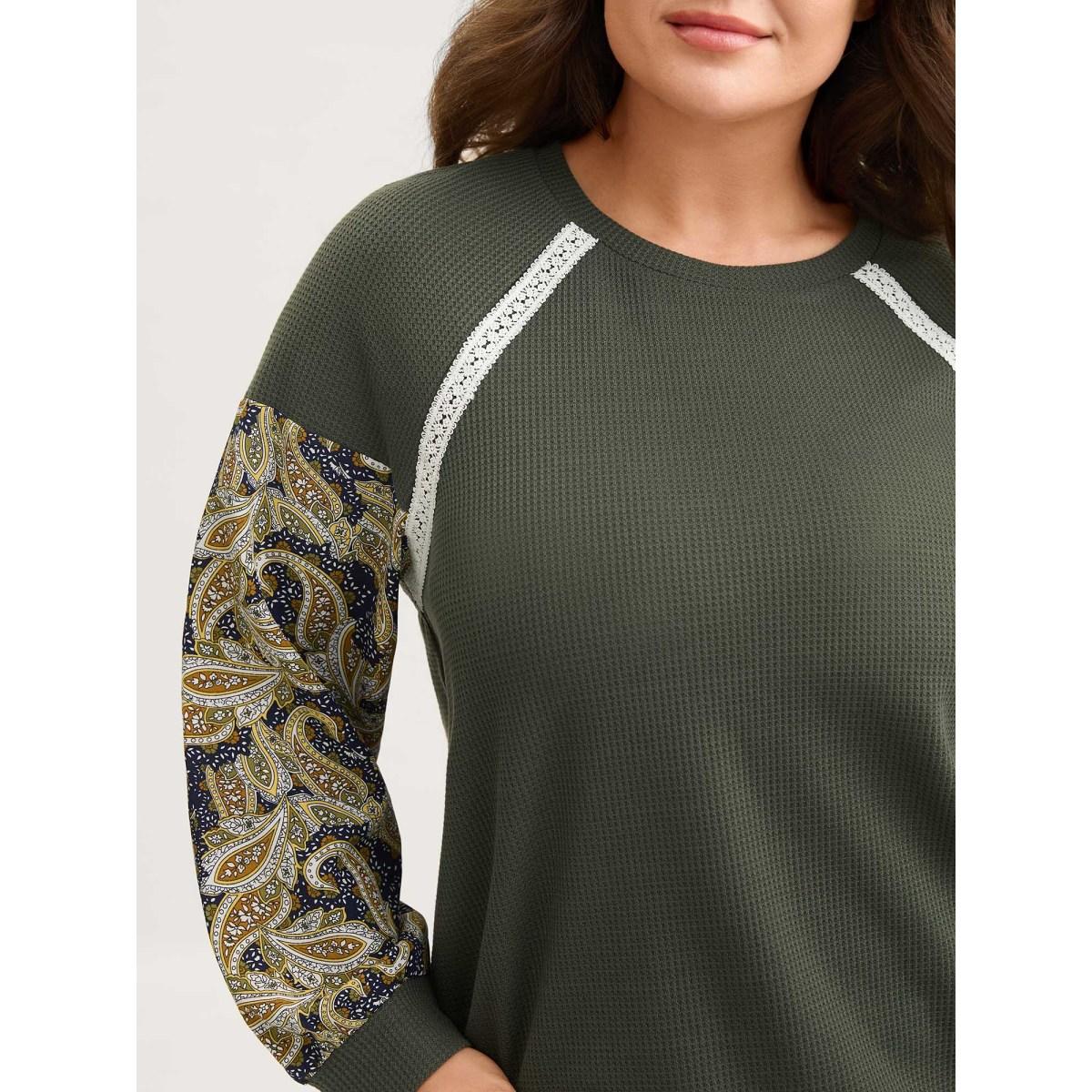 Plus Size Paisley Sleeve Textured Contrast Sweatshirt Women ArmyGreen Woven ribbon&lace trim Round Neck Casual Sweatshirts BloomChic 18-20/2X Product Image