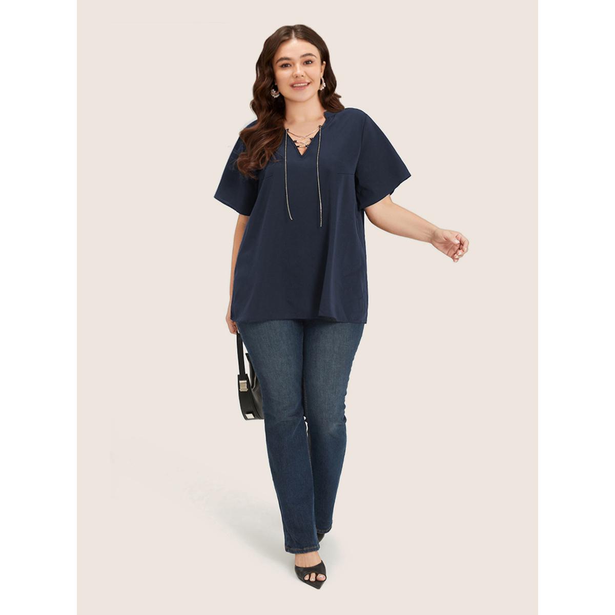 Plus Size Indigo Solid Crisscross Notched Metal Decor Blouse Women Office Short sleeve Notched collar Office Blouses BloomChic 10/M Product Image