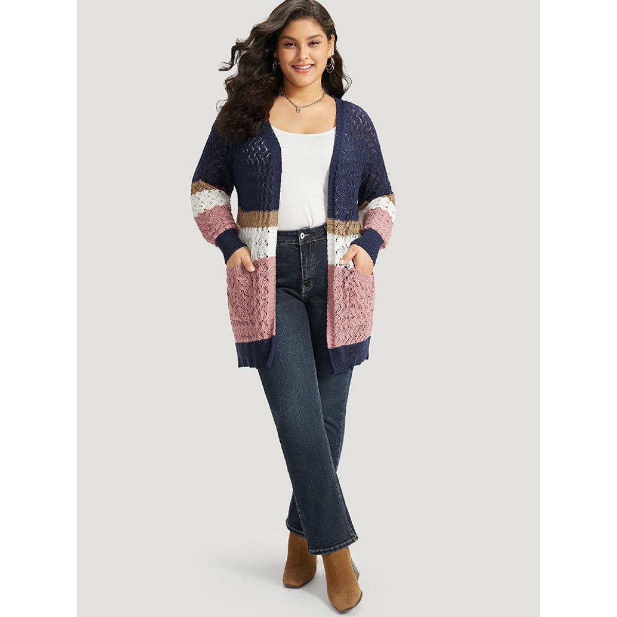 Plus Size Colorblock Eyelet Patched Pocket Cardigan Multicolor Women Casual Loose Long Sleeve Dailywear Cardigans BloomChic 26/4X Product Image