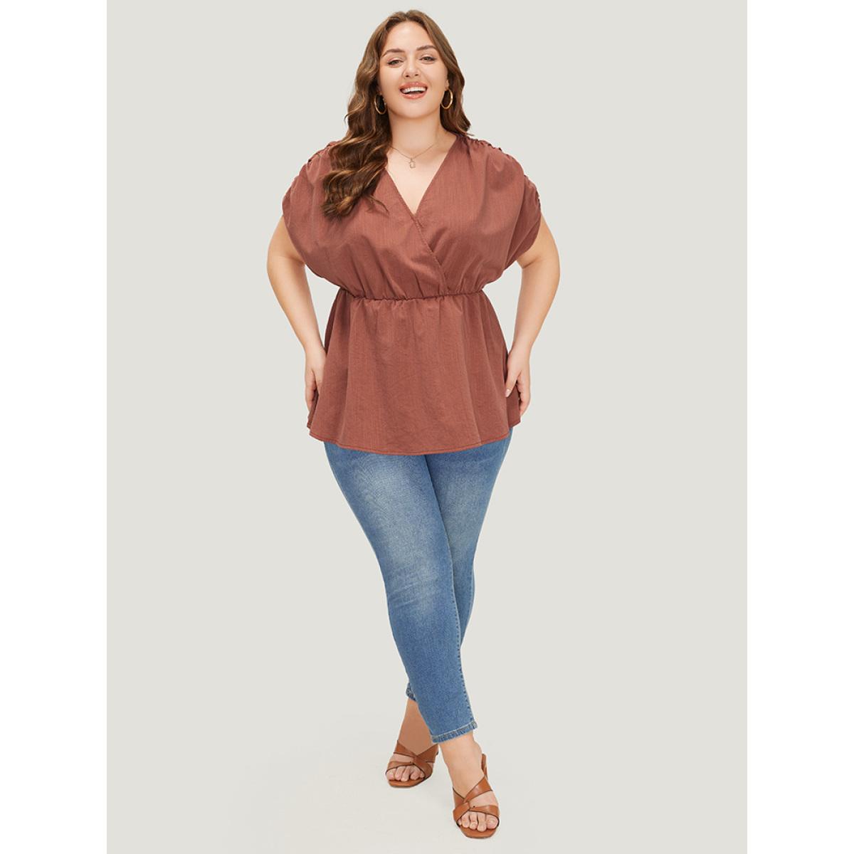 Plus Size Rust Plain Ruched Shoulder Wrap Blouse Women Elegant Short sleeve V-neck Dailywear Blouses BloomChic 12/L Product Image