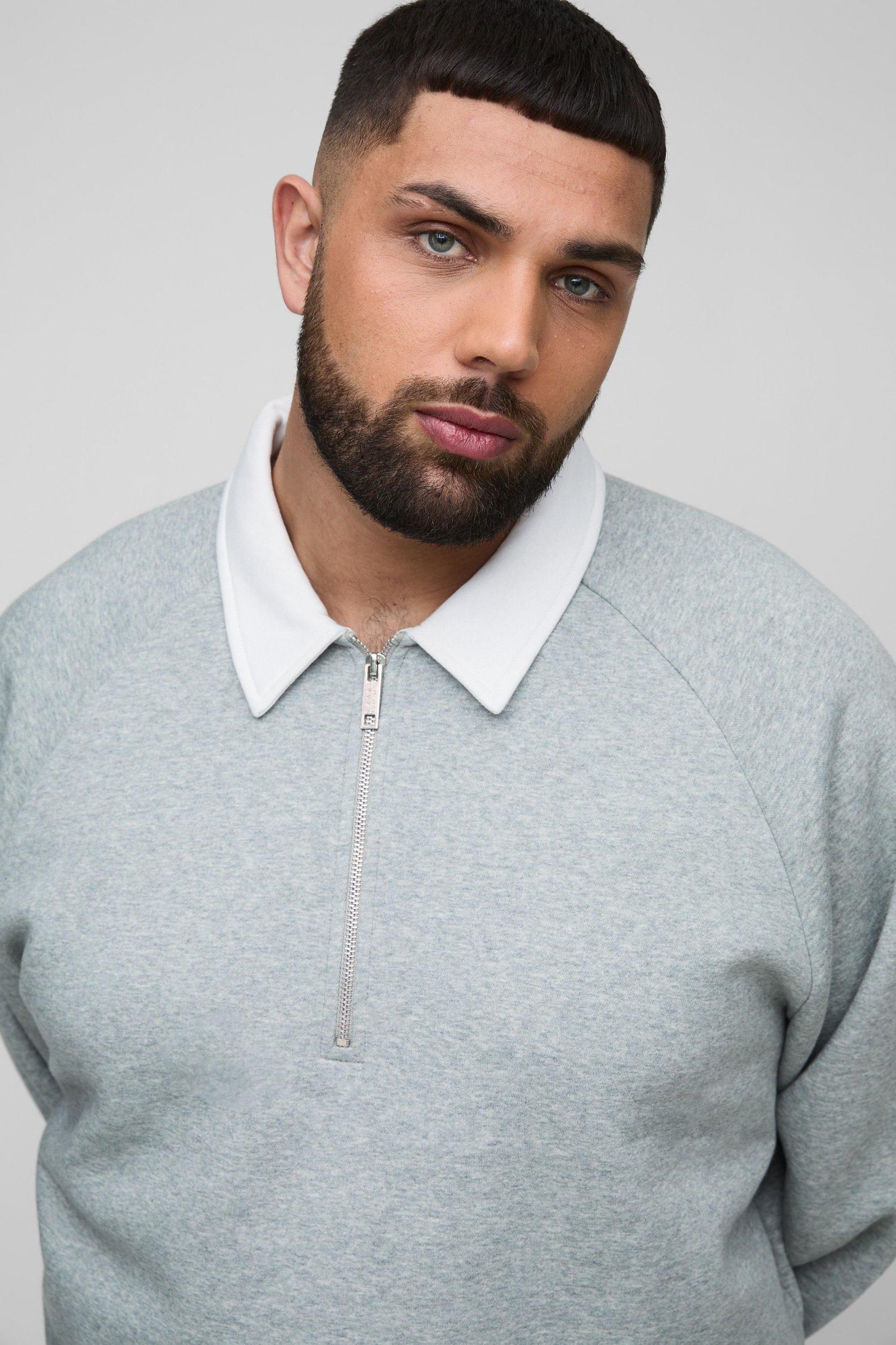 Plus Oversized Boxy Polo Sweatshirt in Grey | boohooMAN USA Product Image