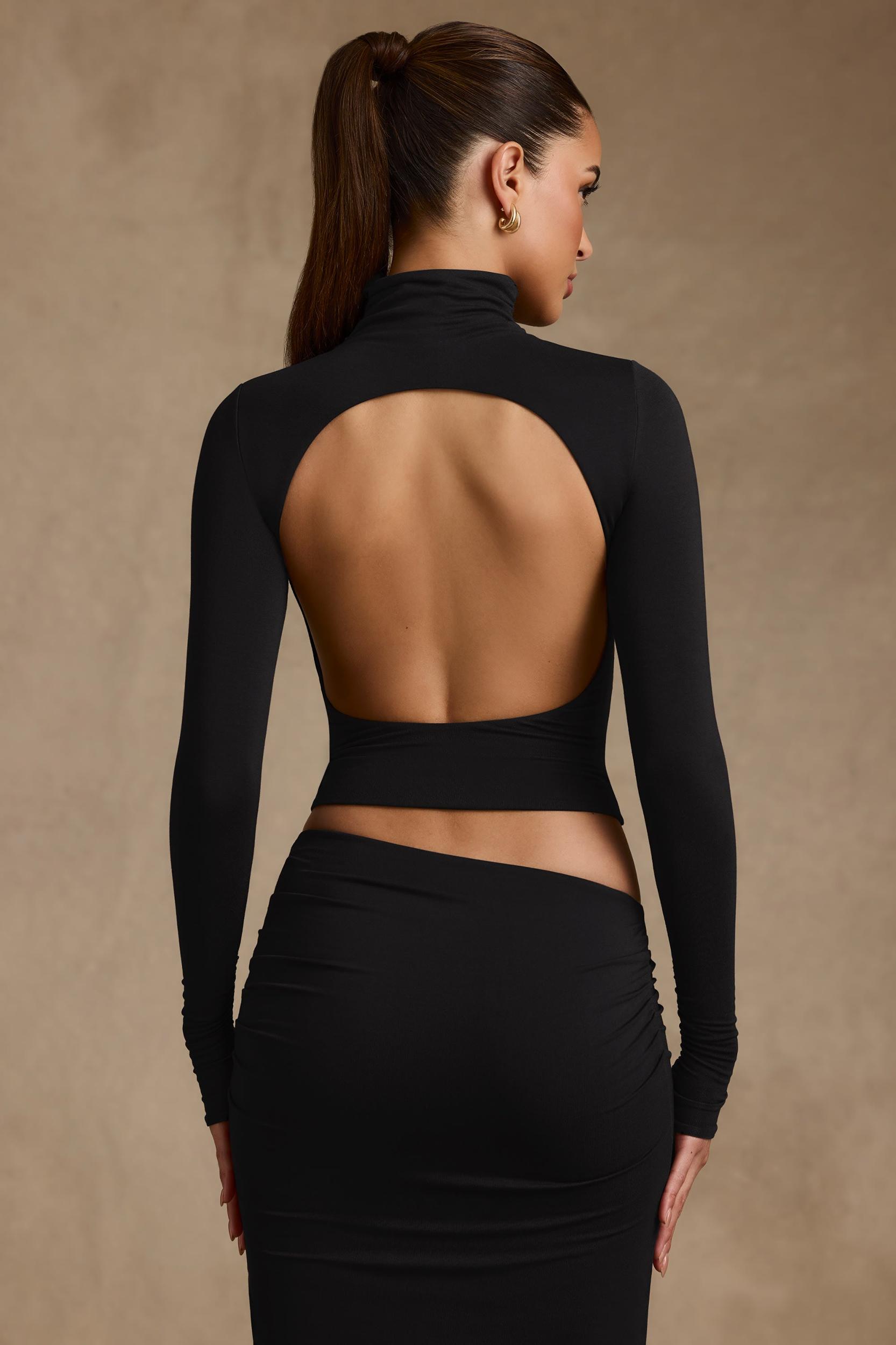 Modal Ruched Backless Turtleneck Top in Black Product Image