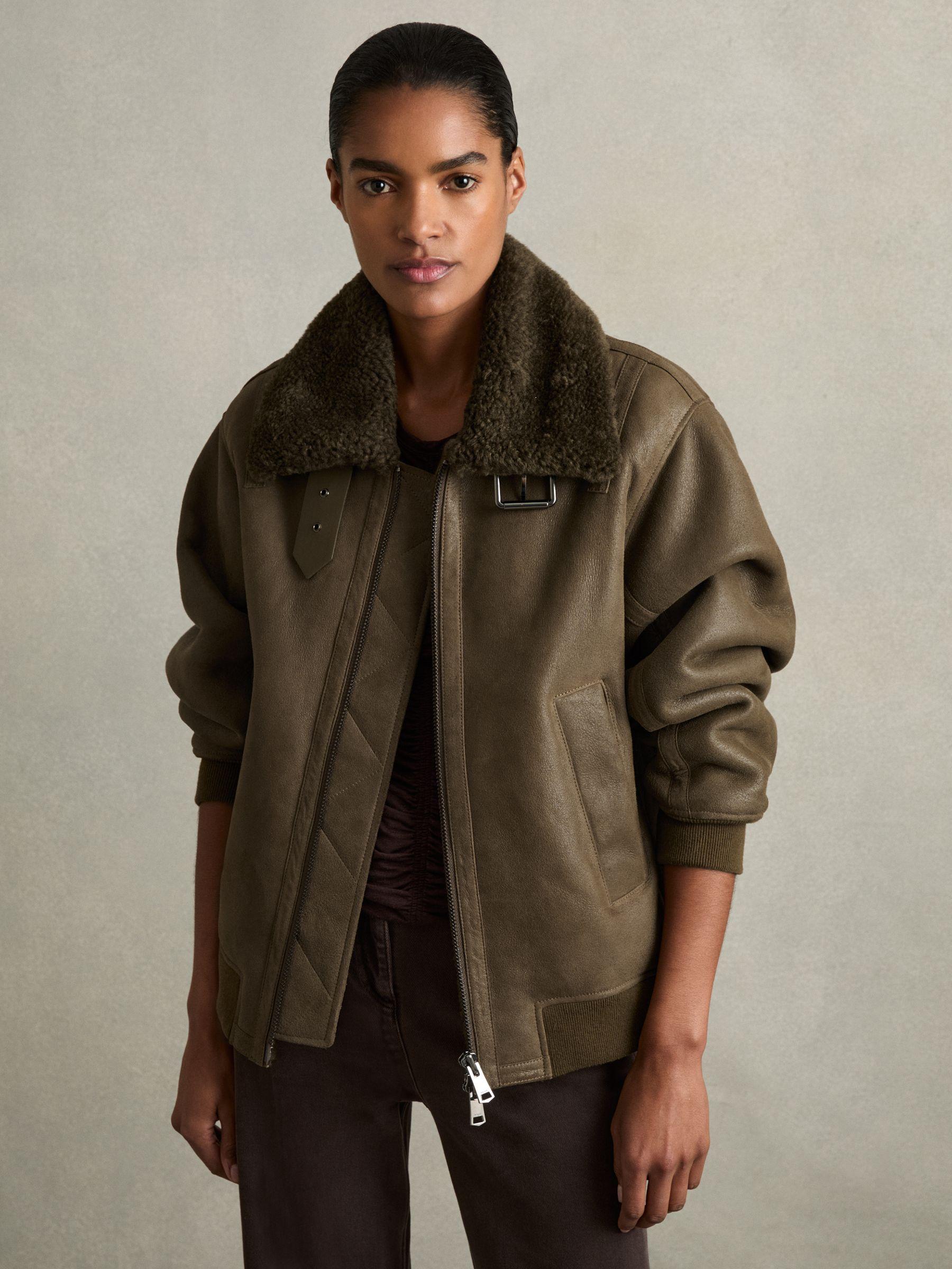 Shearling Aviator Jacket in Dark Khaki Product Image
