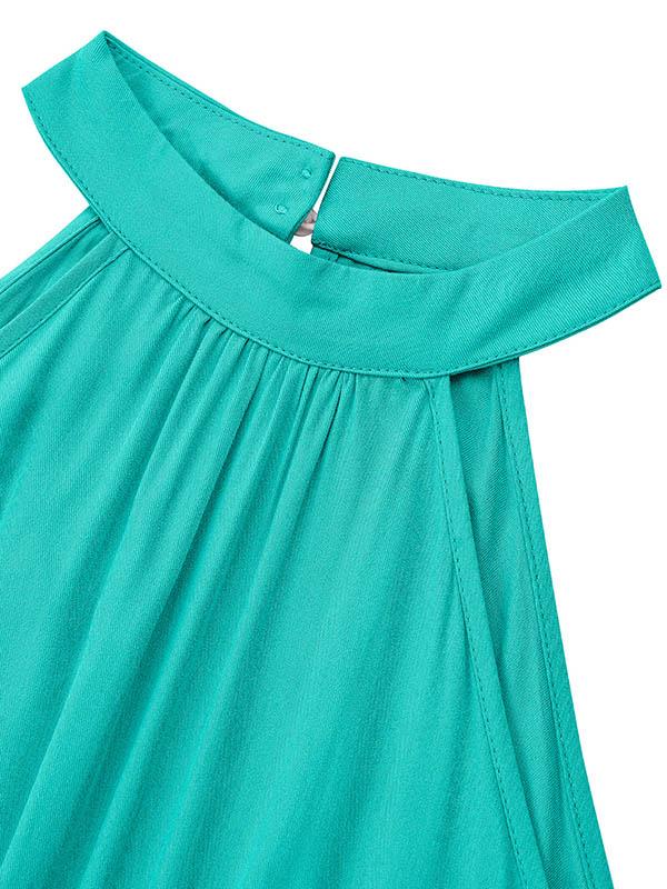 High Waisted Loose Pleated Solid Color Split-Front Tied Waist Halter-Neck Jumpsuits Product Image