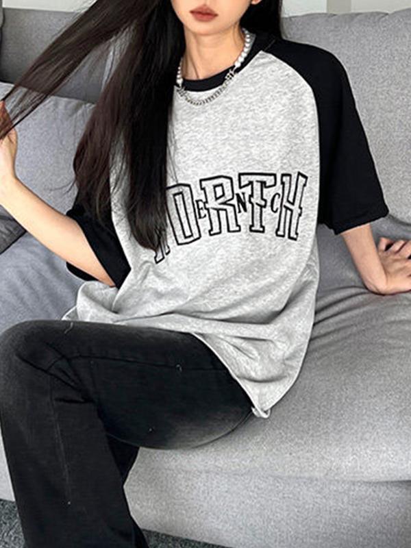 Contrast Letter Embroidery Raglan Oversized Short Sleeve Tee Product Image