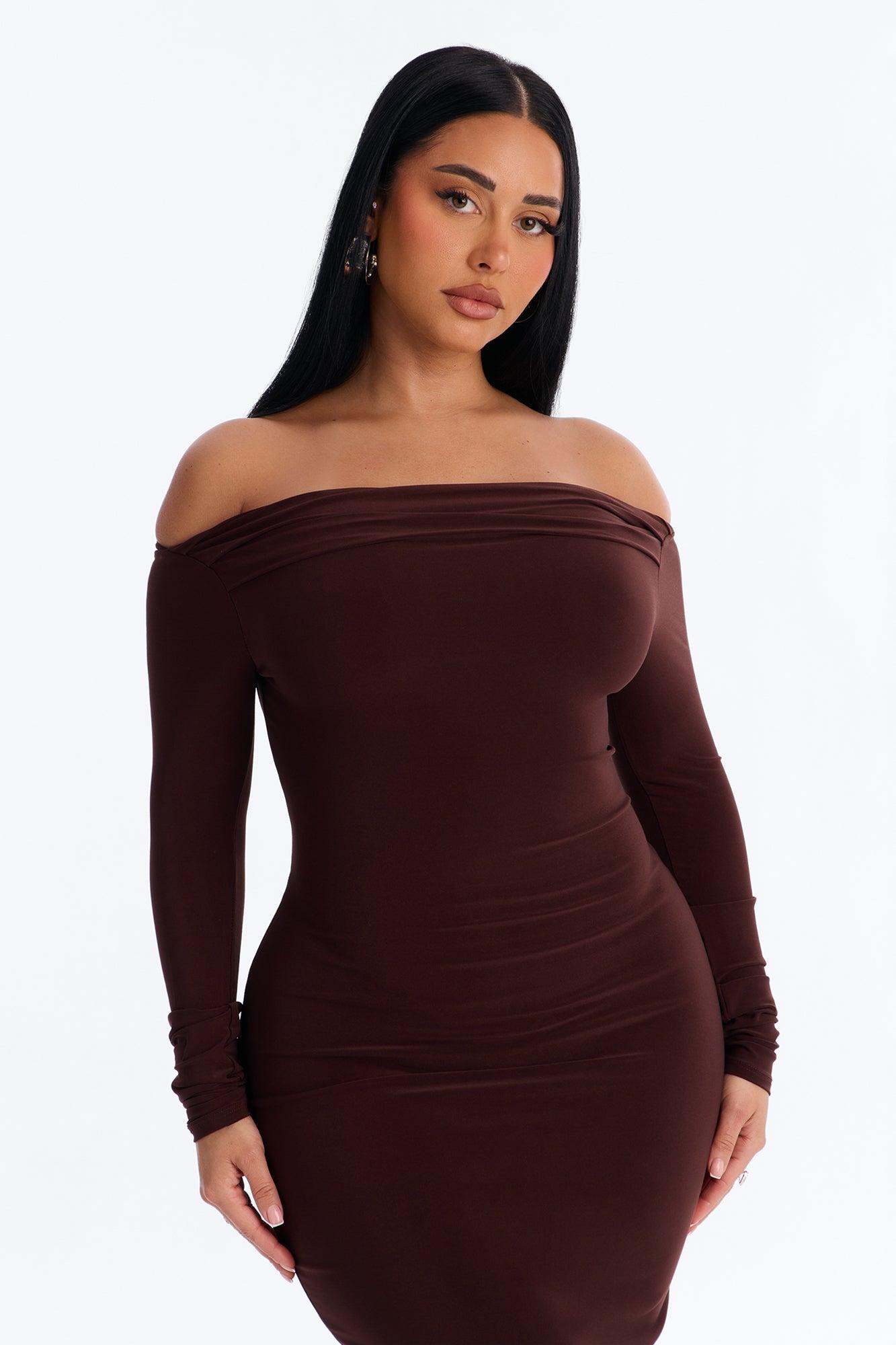 Delia Off Shoulder Midi Dress - Chocolate Female Product Image