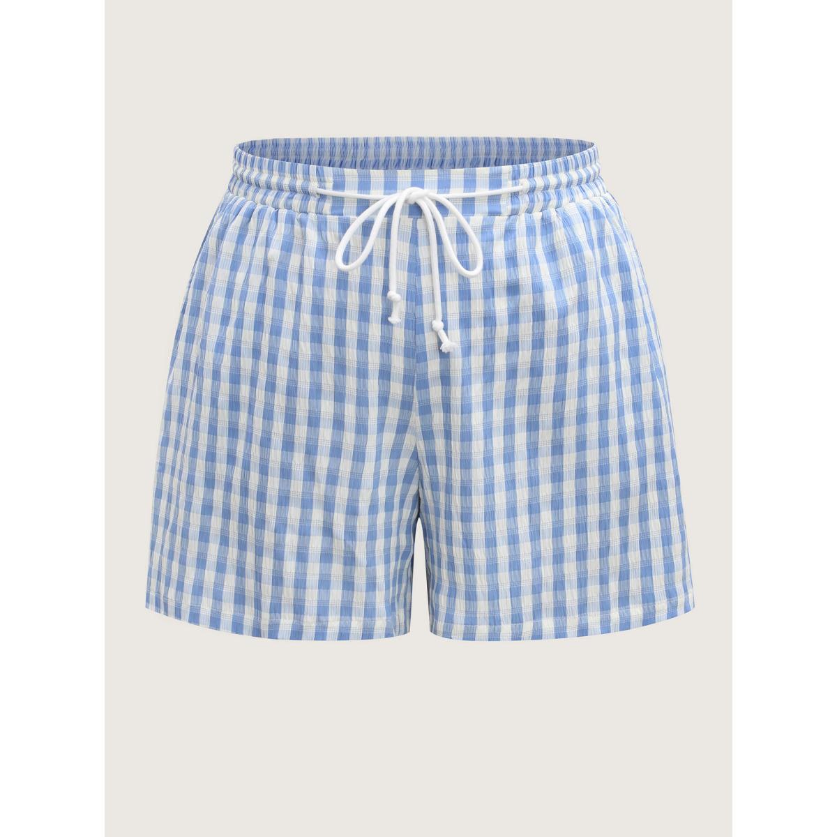 Plus Size Plaid Print Drawstring Wide-Leg Shorts Women LightBlue Casual Drawstring Wide Leg Everyday-Casual Shorts BloomChic 18-20/2X Product Image