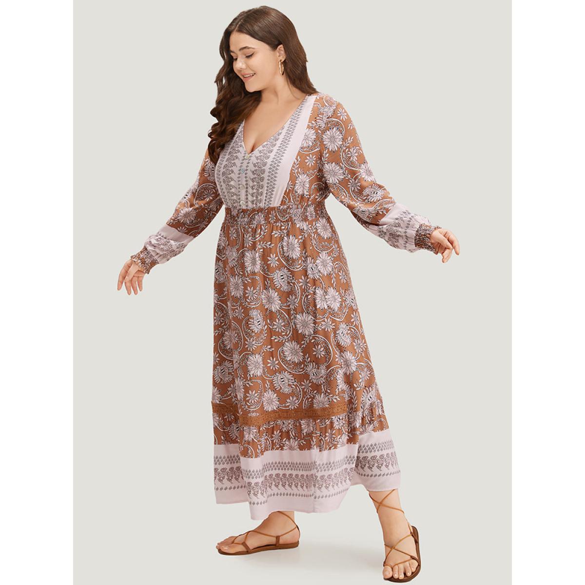 Plus Size Bandana Print Shirred Button Detail Dress Chocolate Women Resort Elastic cuffs V-neck Long Sleeve Curvy Midi Dress BloomChic 28/5X Product Image