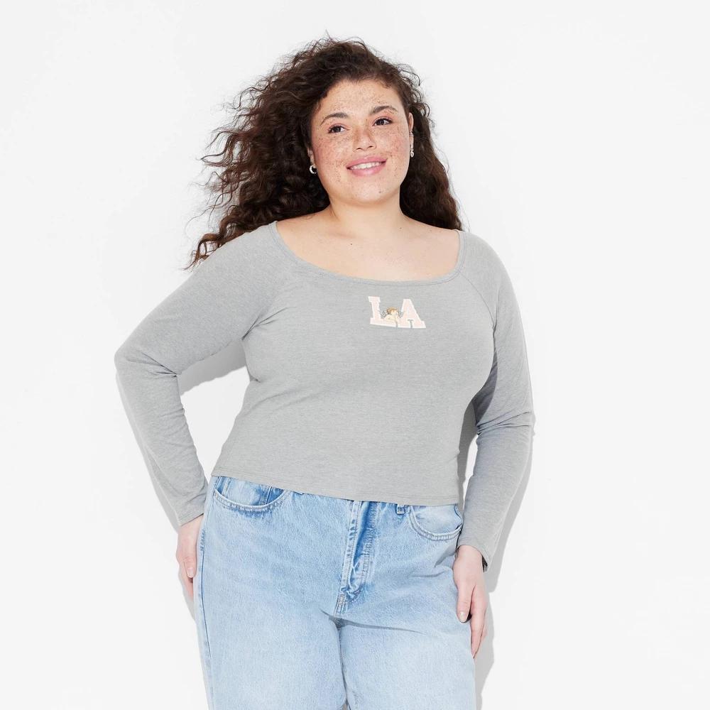 Women's LA Long Sleeve Graphic T-Shirt - Heather Gray 3X: Modern Lux, Off Shoulder, Plus Size, Knit Fabric Product Image