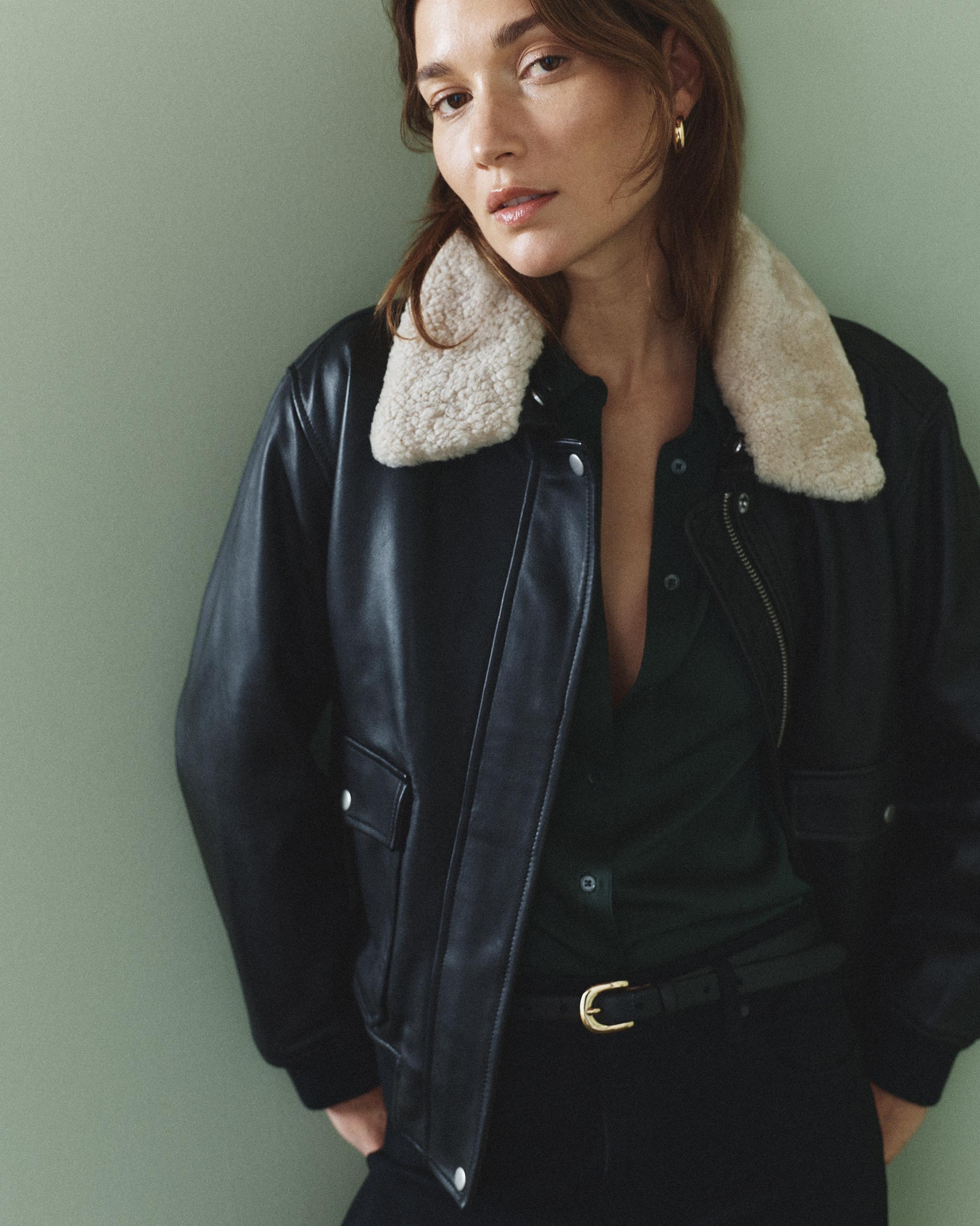 Quince | Women's Shearling Trim Aviator Jacket Leather Product Image