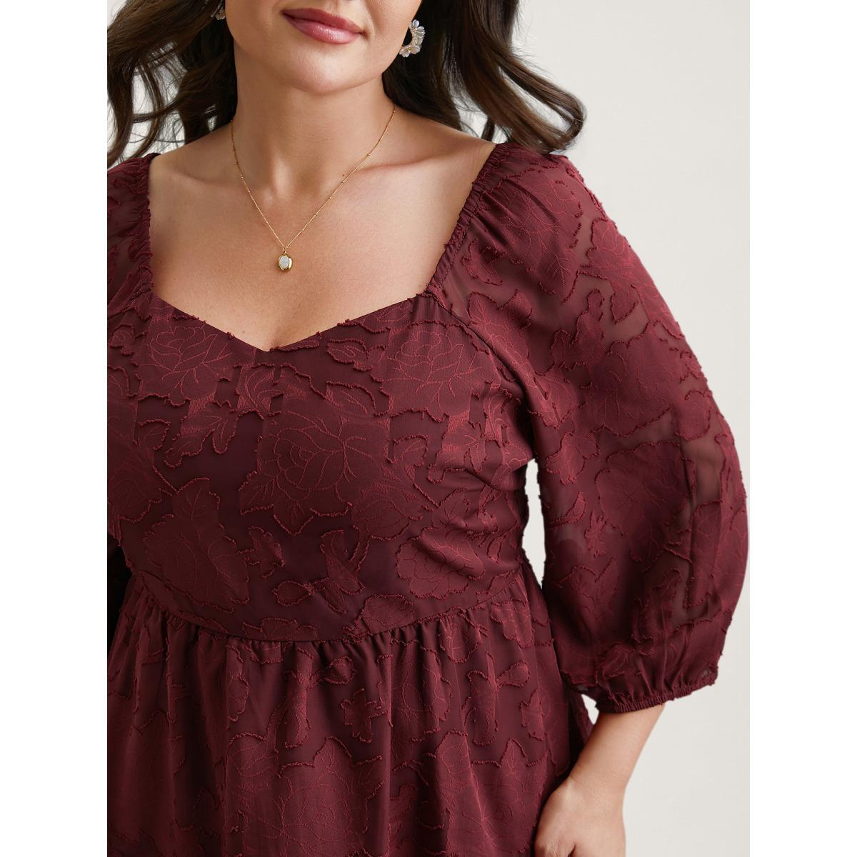 Plus Size Burgundy Sweetheart Neckline Jacquard Layered Blouse Women Elegant Elbow-length sleeve Heart neckline Everyday Blouses BloomChic 18-20/2X Product Image