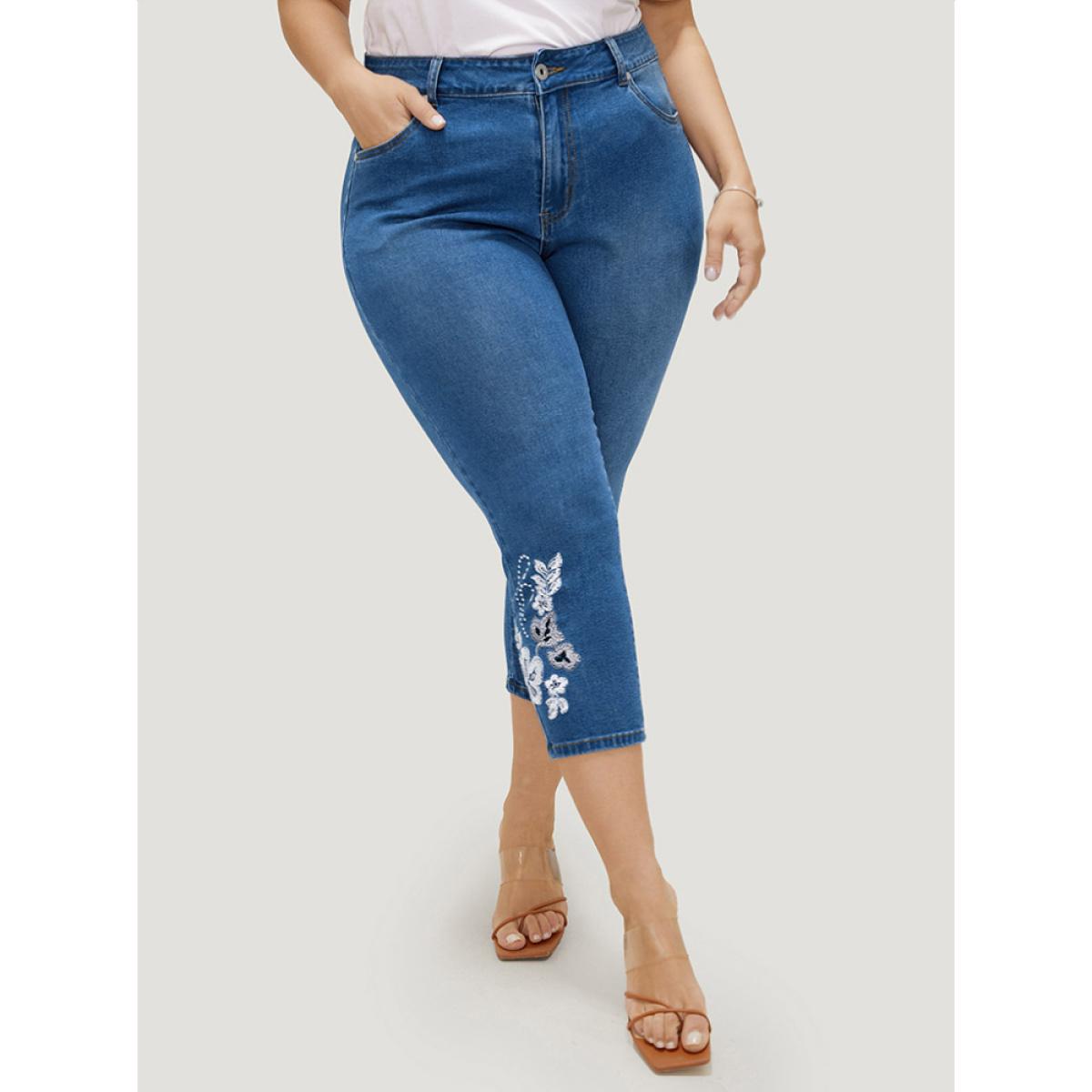 Plus Size Very Stretchy High Rise Medium Wash Embroidered Cropped Jeans Women LightBlue Casual Plain Embroidered High stretch Pocket Jeans BloomChic 14/1X Product Image