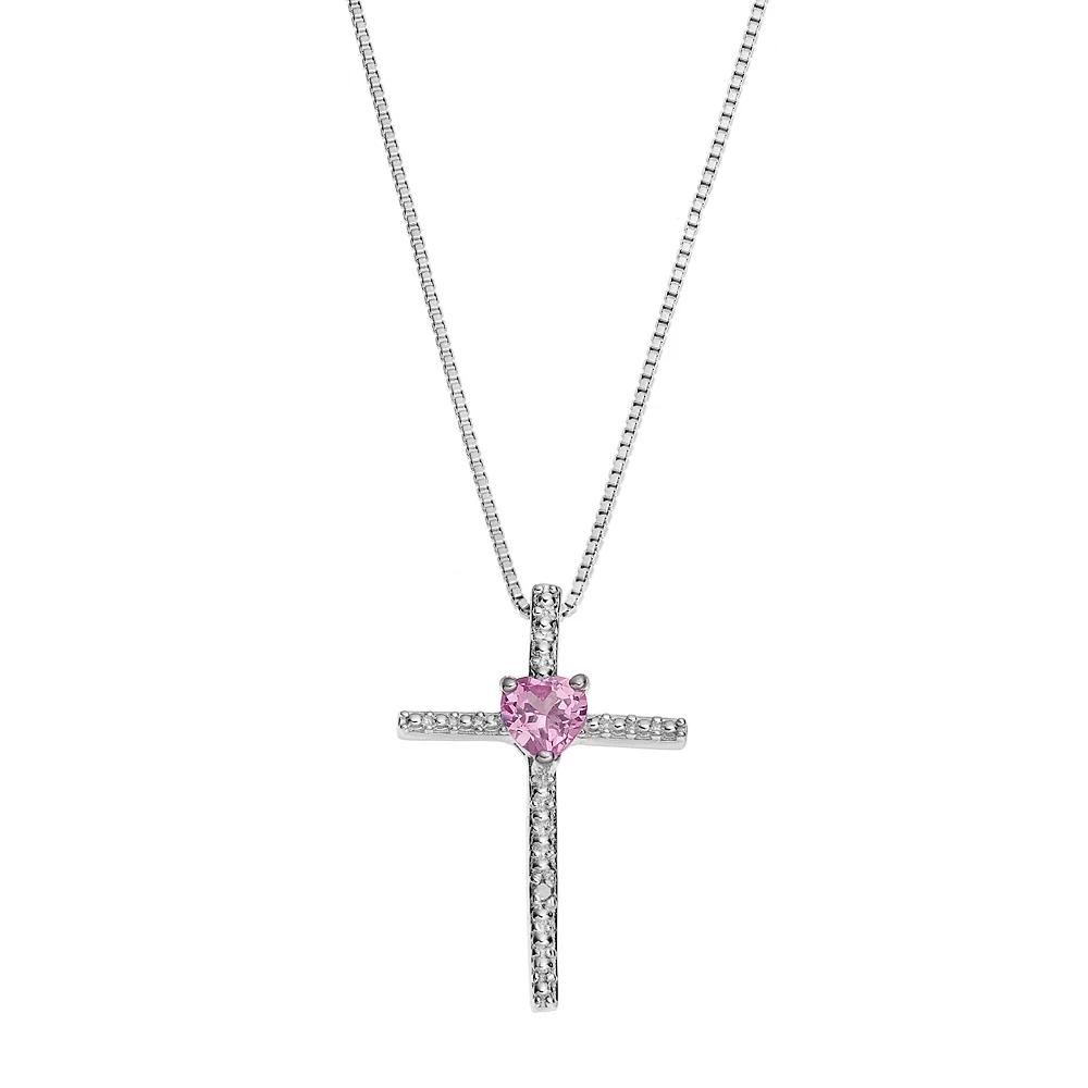 Gemminded Sterling Silver Lab-Created Pink Sapphire Cross Pendant Necklace, Women's,  Product Image