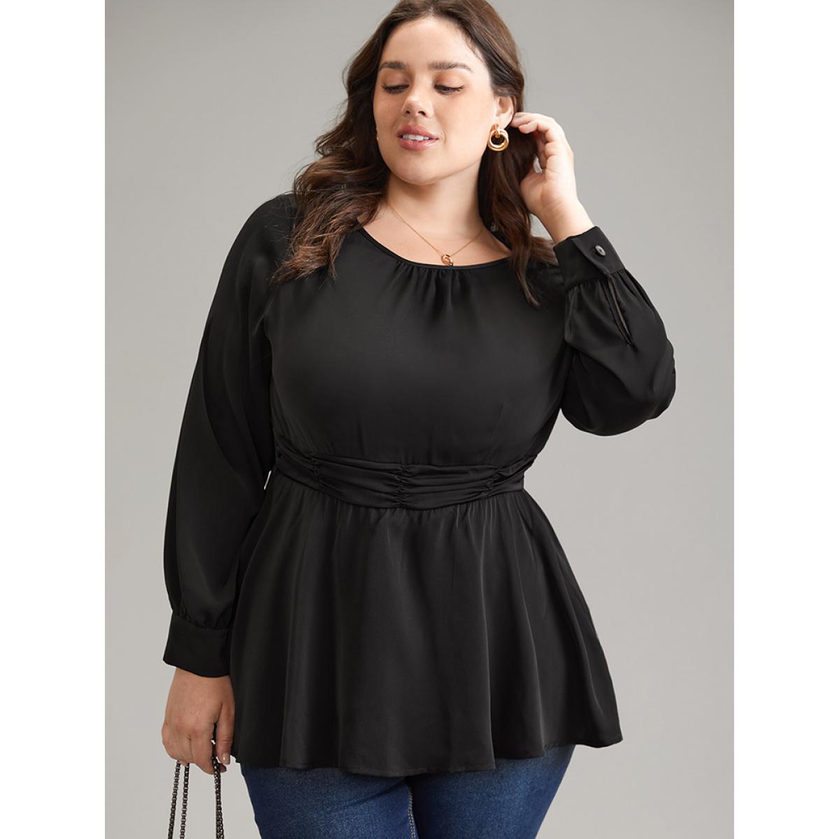 Plus Size Black Anti-Wrinkle Plain Ruched Elastic Waist Blouse Women Office Long Sleeve Round Neck Office Blouses BloomChic 10/M Product Image